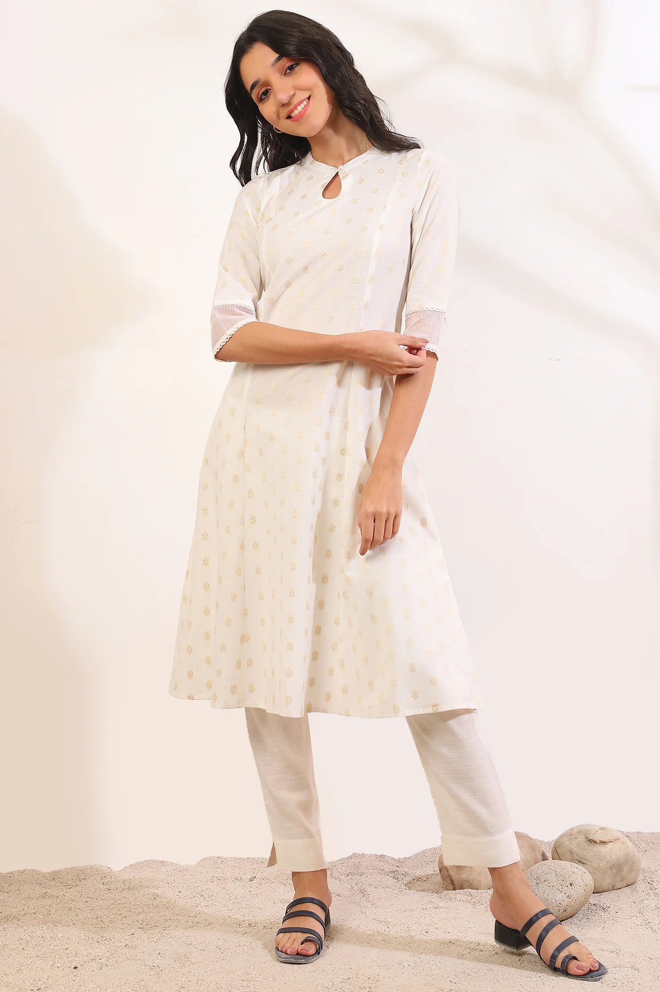 White Yarn Dyed Flared Cotton Blend Kurta - Image 3