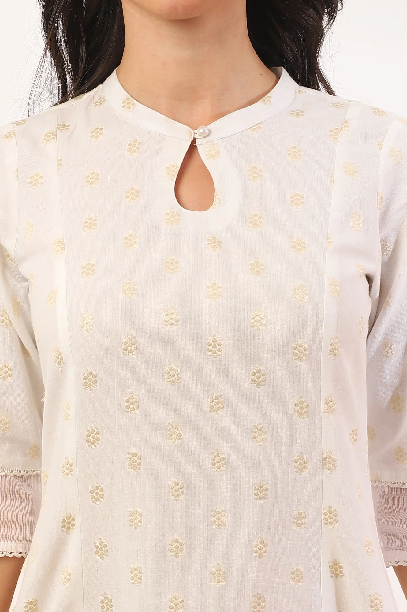 White Yarn Dyed Flared Cotton Blend Kurta - Image 4
