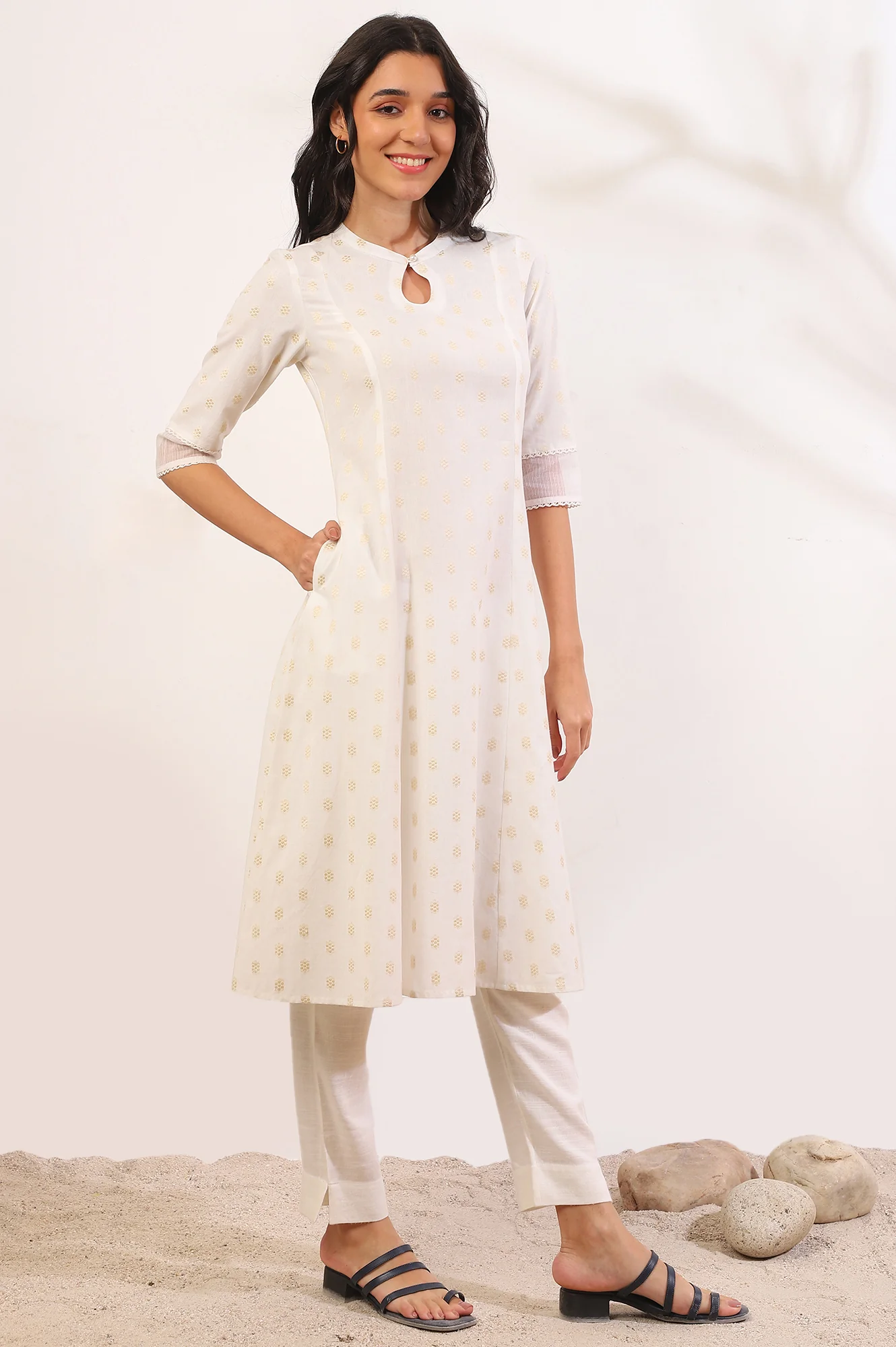 White Yarn Dyed Flared Cotton Blend Kurta - Image 7
