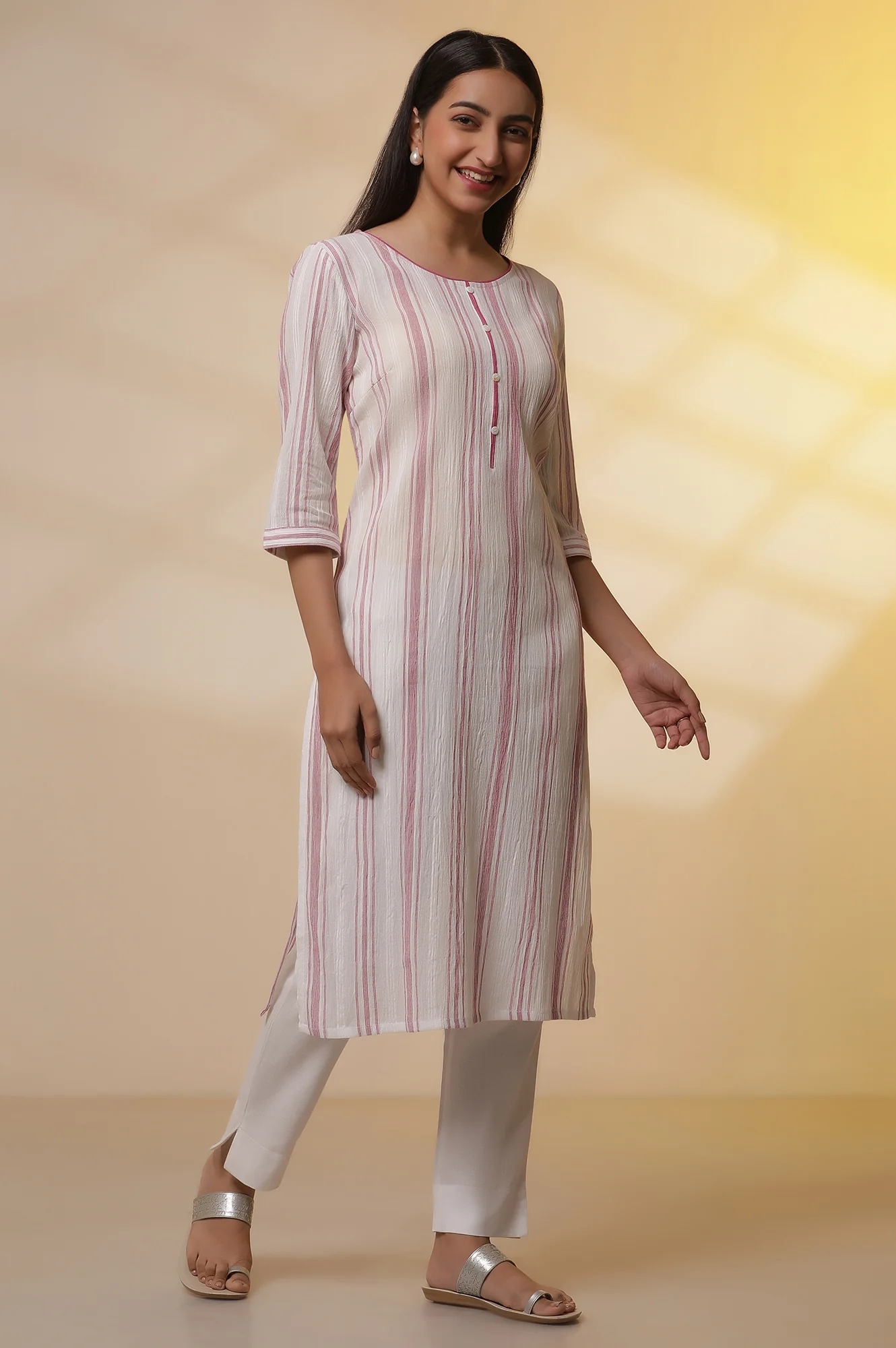White Yarn-Dyed Pink Striped Kurta and Pintuck Trousers Set - Image 5