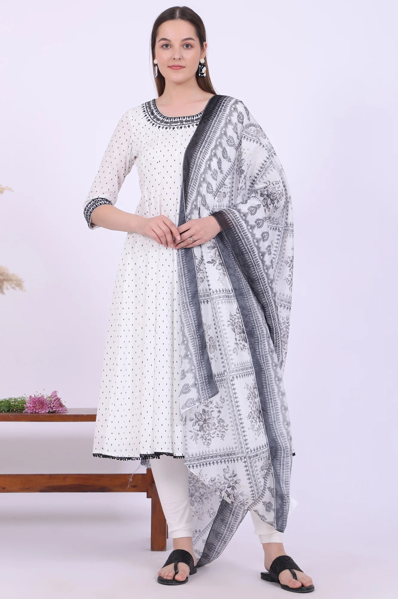 White Yarn Dyed Pure Cotton Anarkali with Leggings & Dupatta Set - Image 3