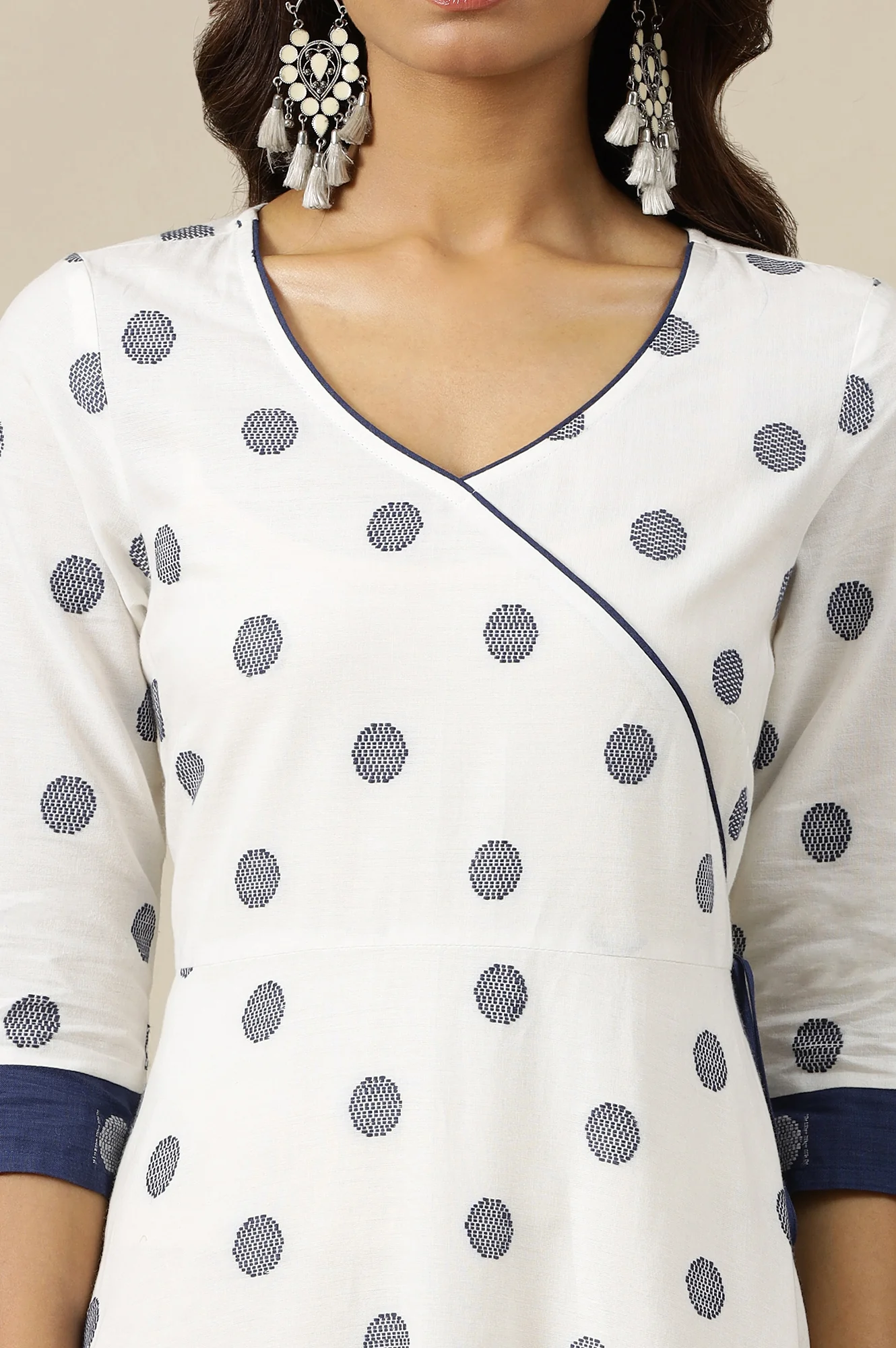 White Yarn Dyed Pure Cotton Mock Angrakha Flared Dress - Image 3