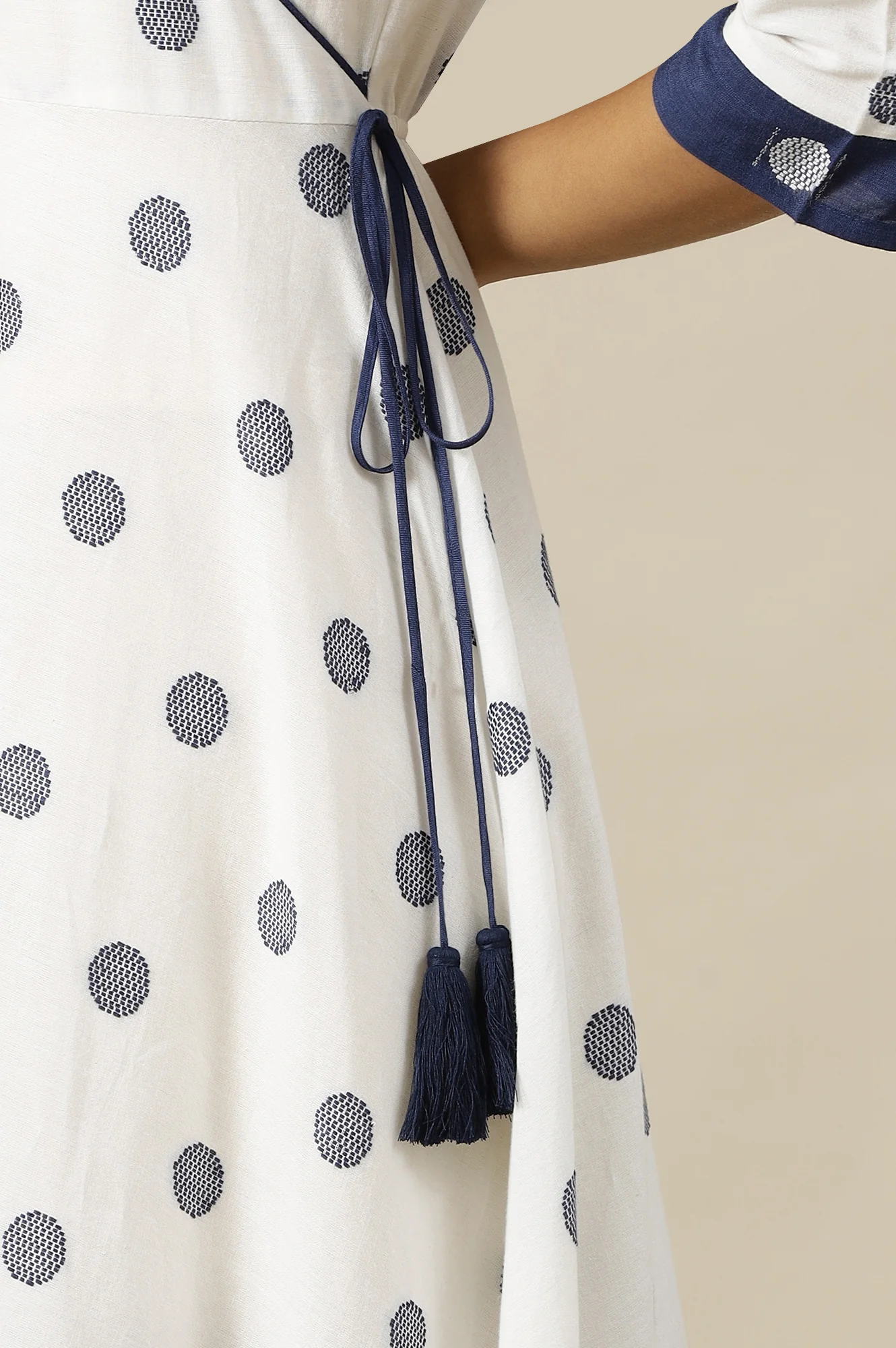 White Yarn Dyed Pure Cotton Mock Angrakha Flared Dress - Image 7