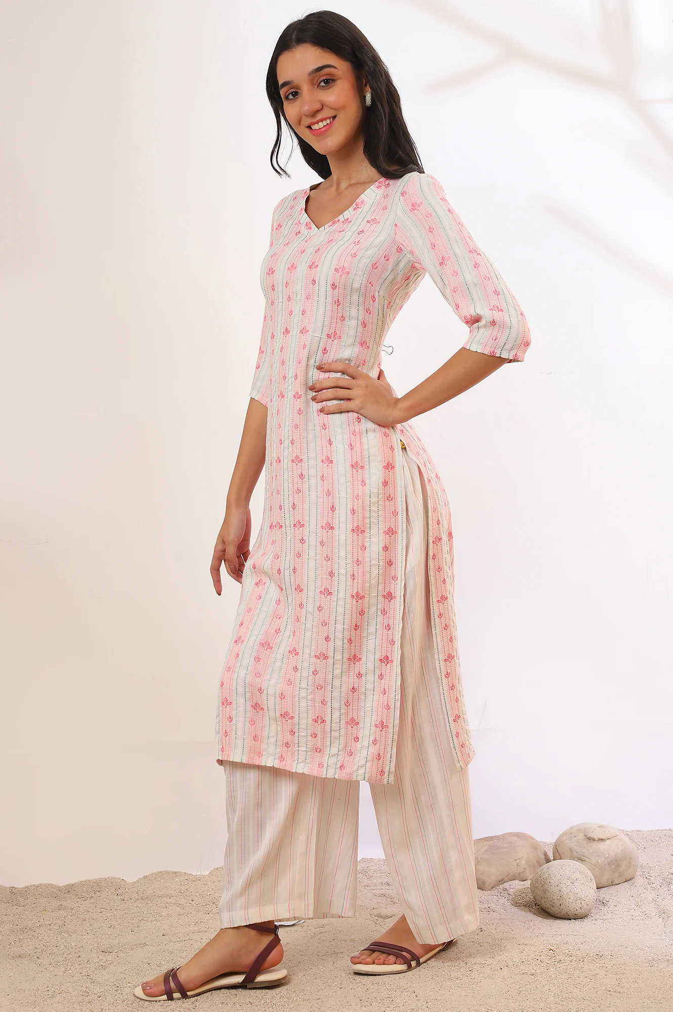 White Yarn Dyed Rayon Straight Kurta & Palazzo Set - Image 5