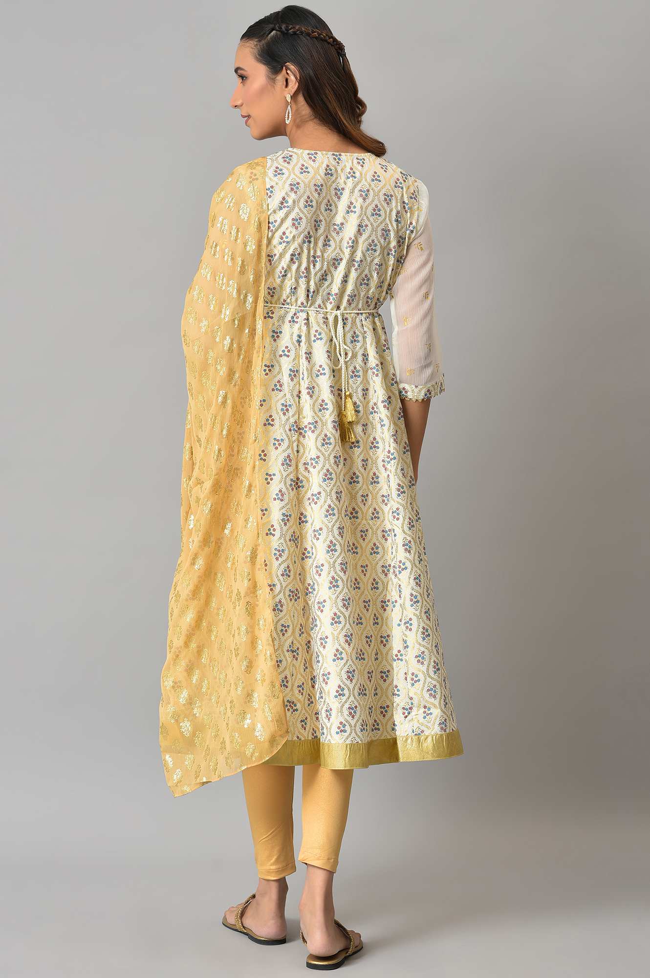 White Zari Embroidered Kurta With Golden Tights And Printed Dupatta - Image 2