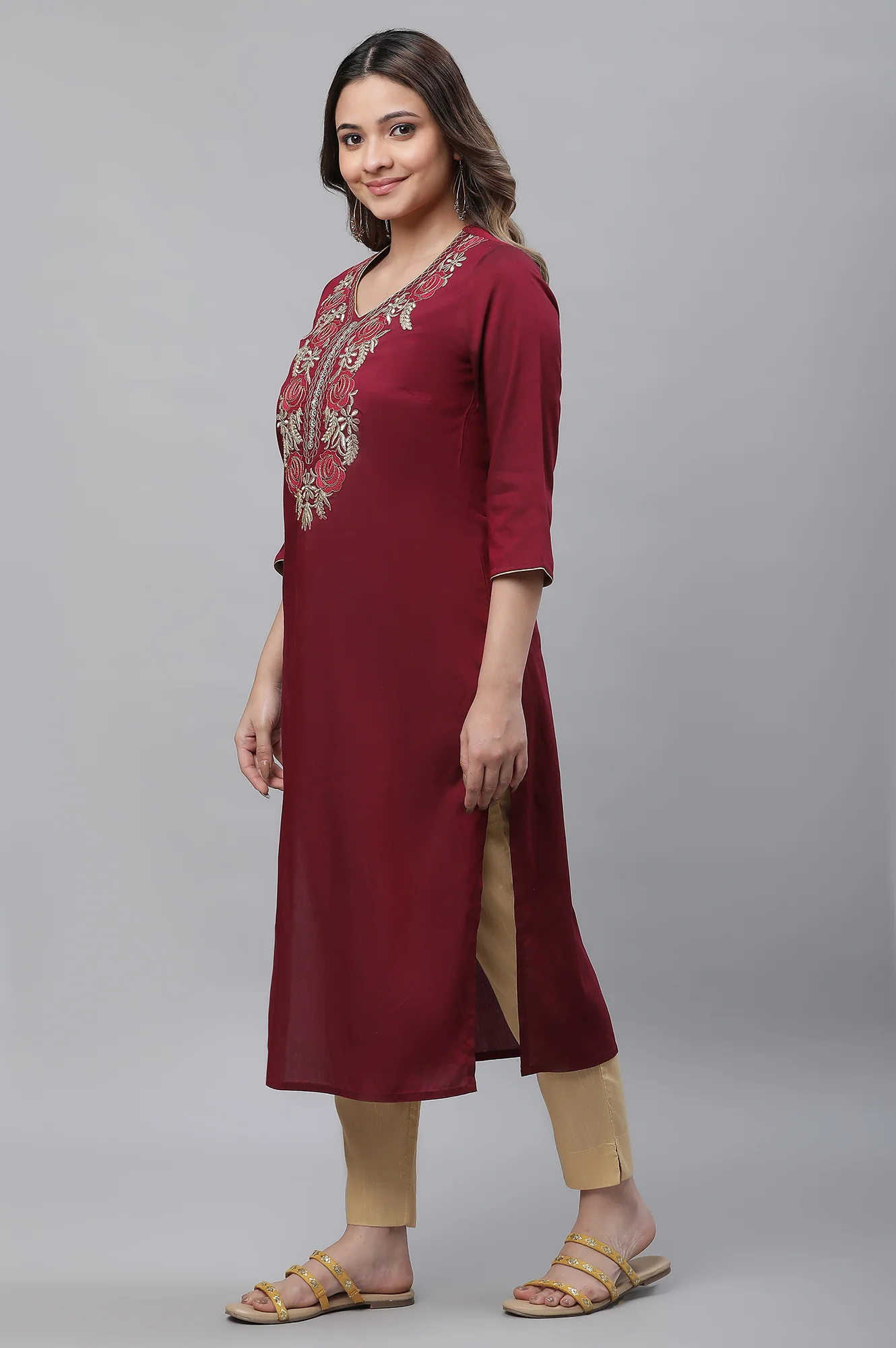 Wine Embroidered Festive Kurta - Image 3