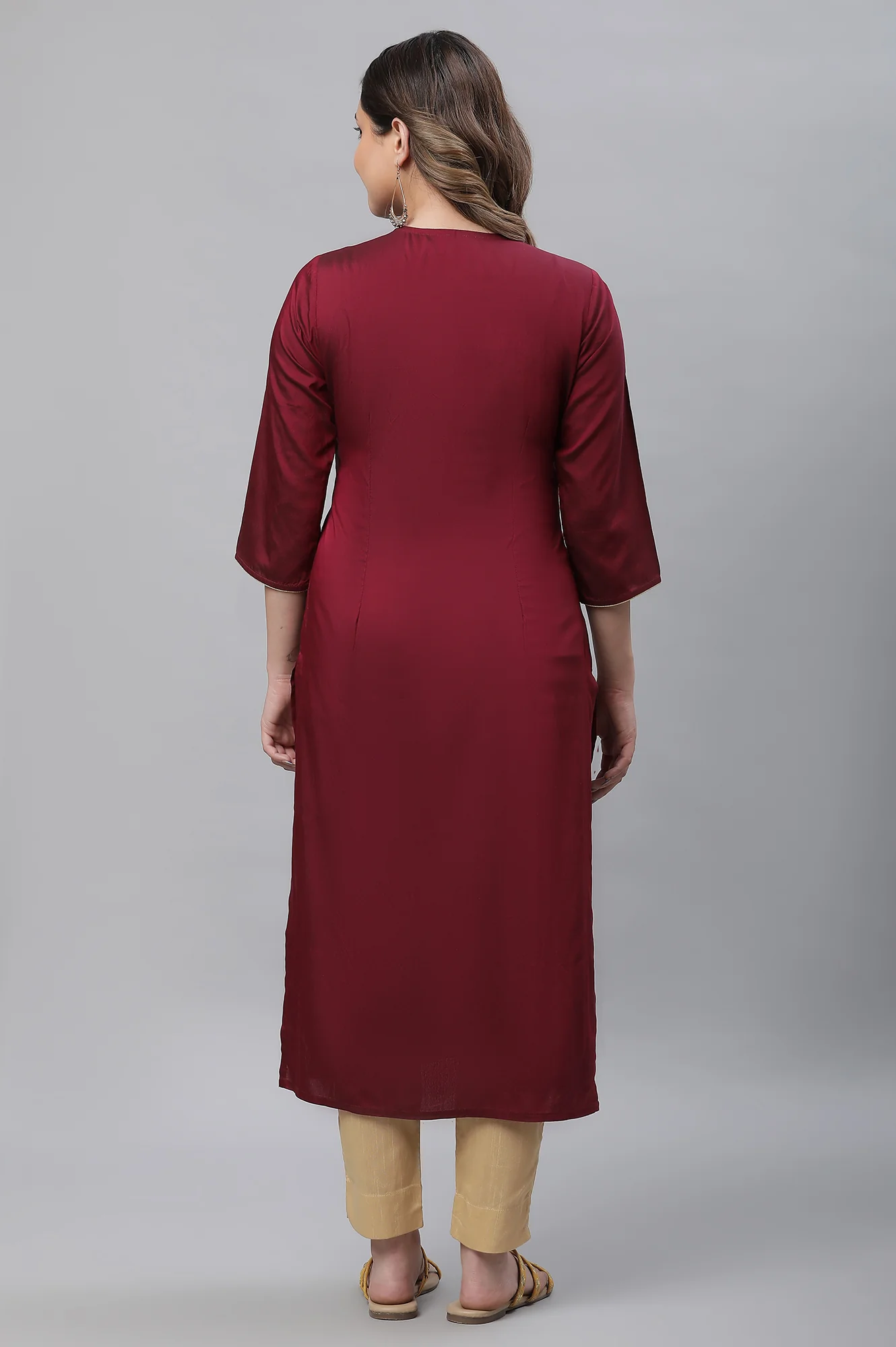 Wine Embroidered Festive Kurta - Image 4