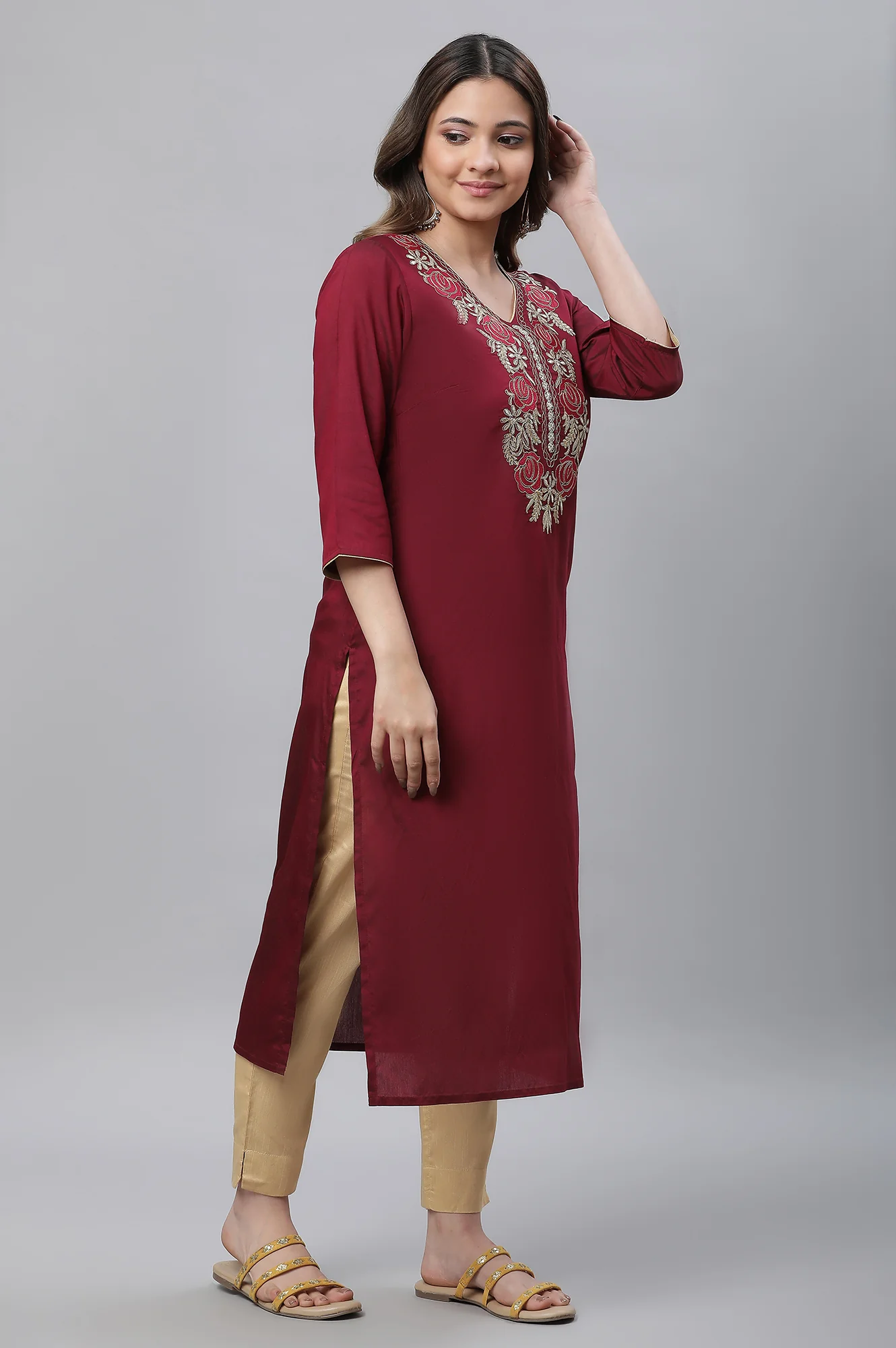 Wine Embroidered Festive Kurta - Image 5