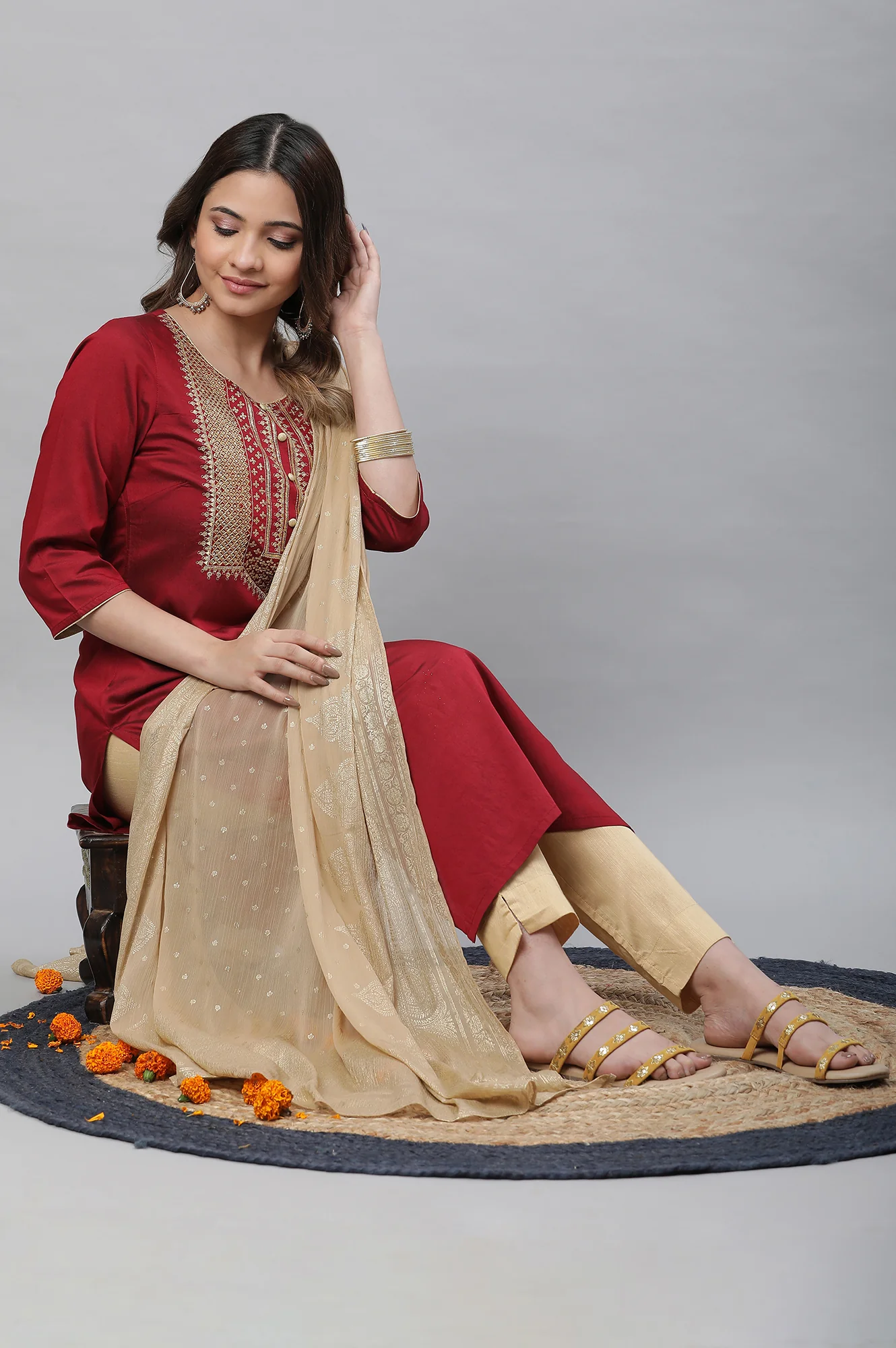 Wine Embroidered Festive Kurta - Image 6