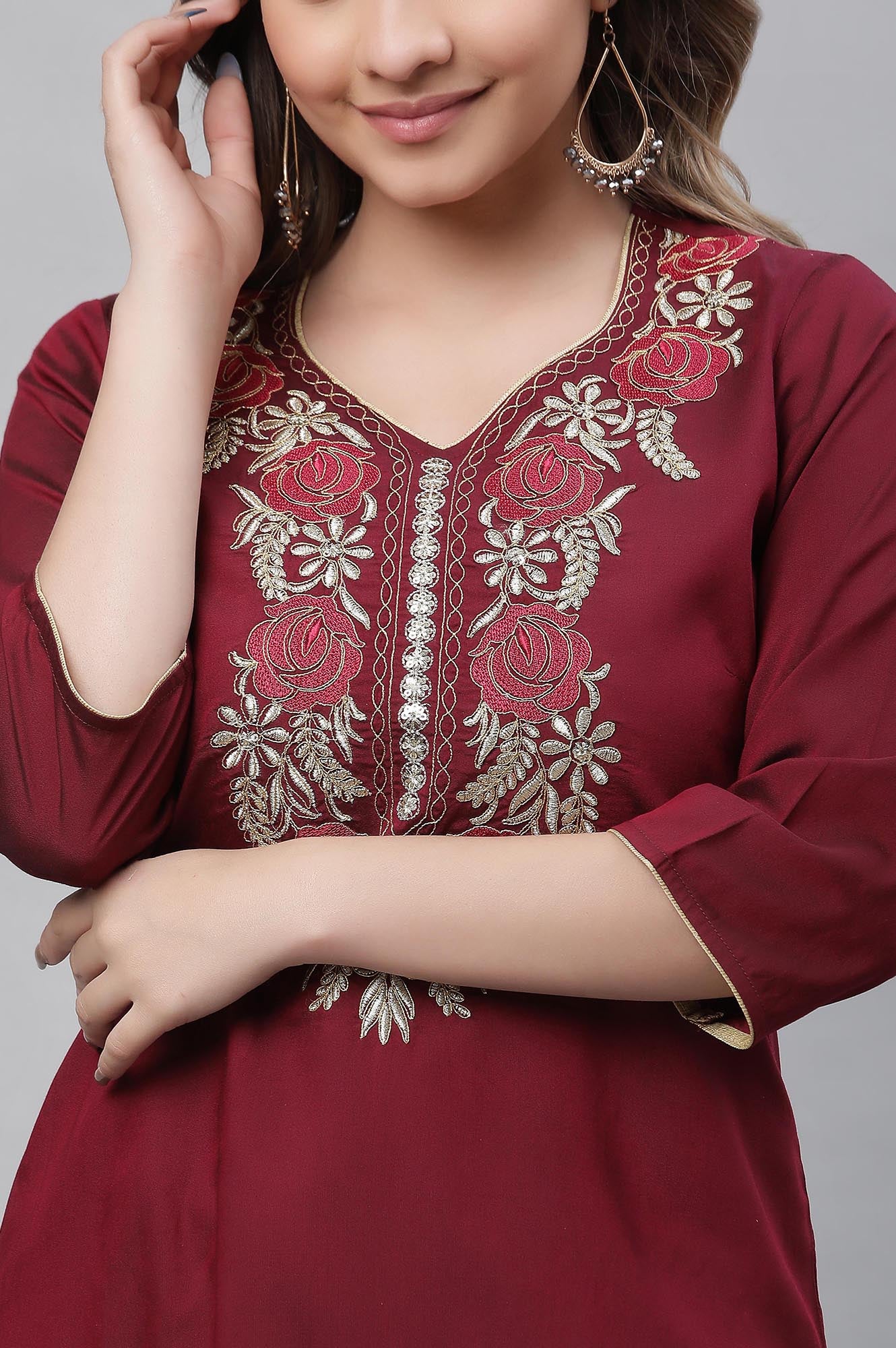 Wine Embroidered Festive Kurta - Image 7