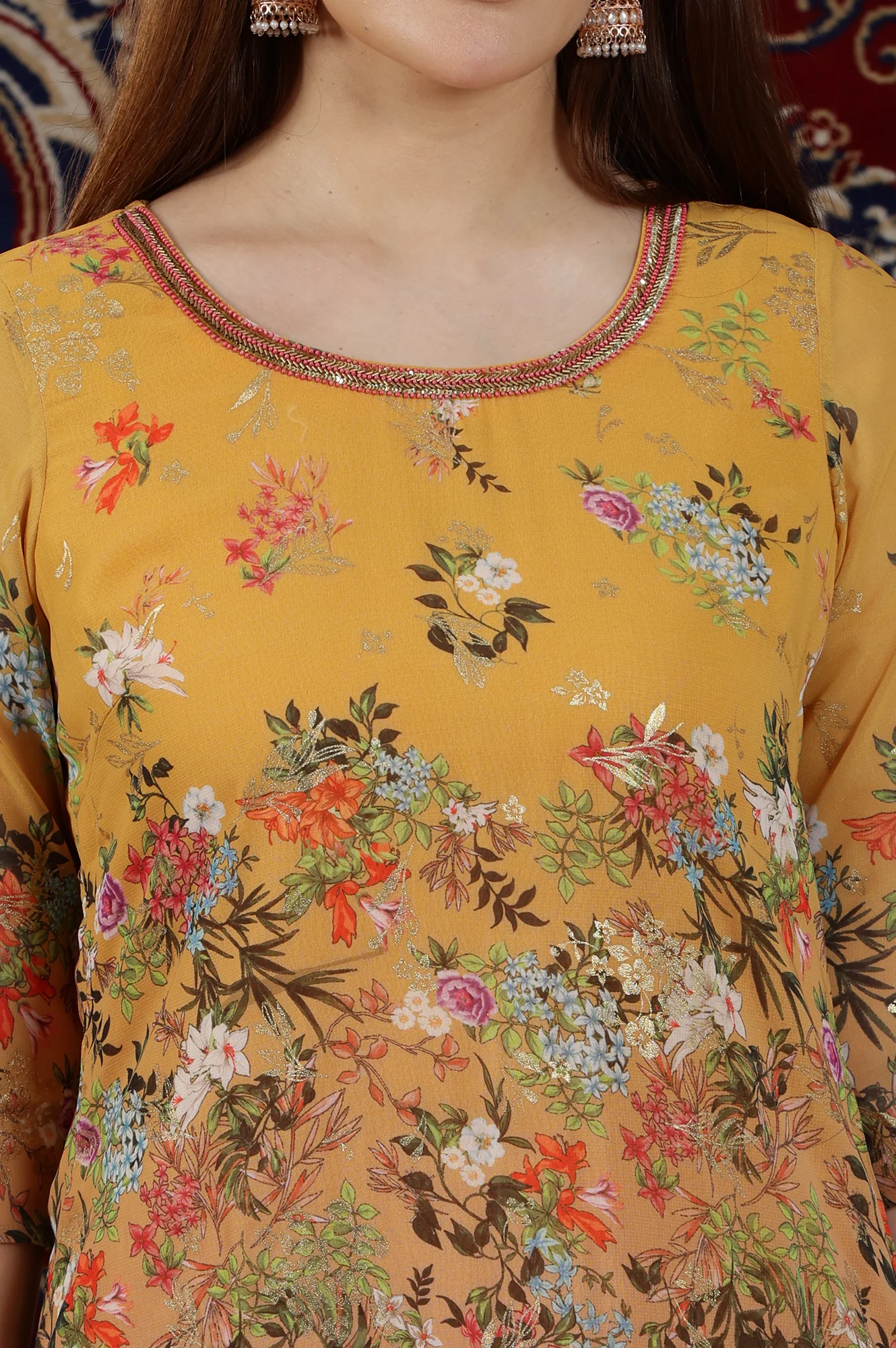Yellow and Peach Straight Georgette Kurta with Multi-colour Floral Print - Image 3