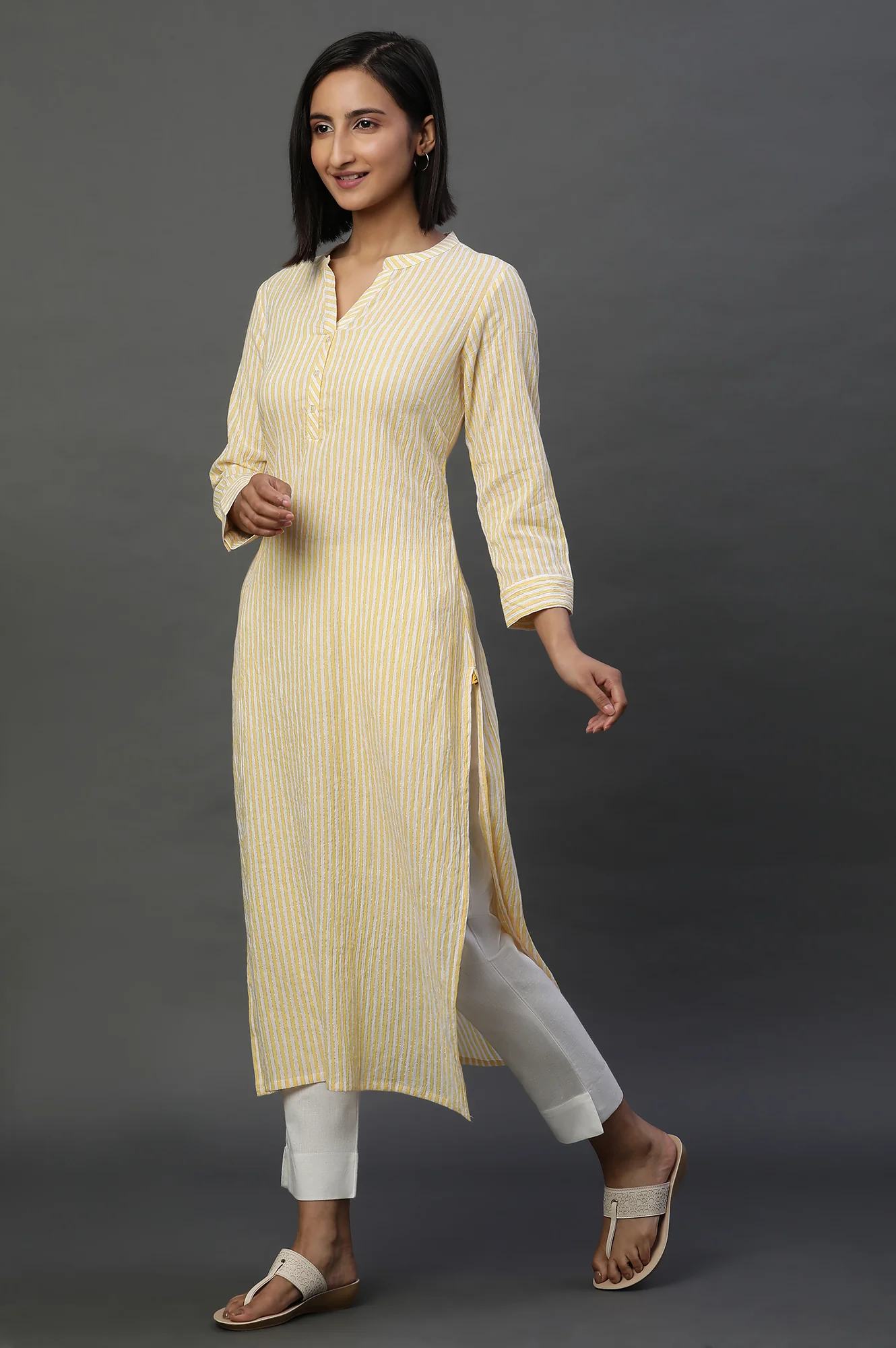 Yellow and White Stripe Casual Kurta - Image 3