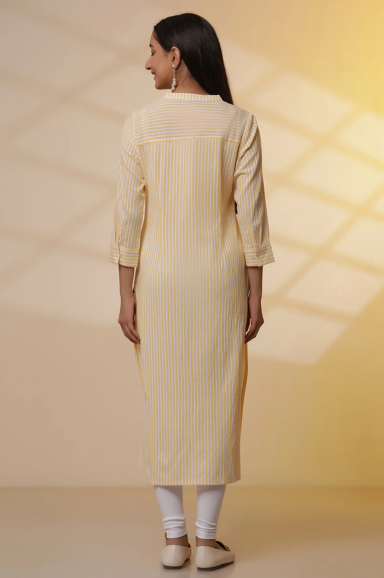 Yellow and White Striped Cotton Kurex Kurta and Tight Set - Image 4