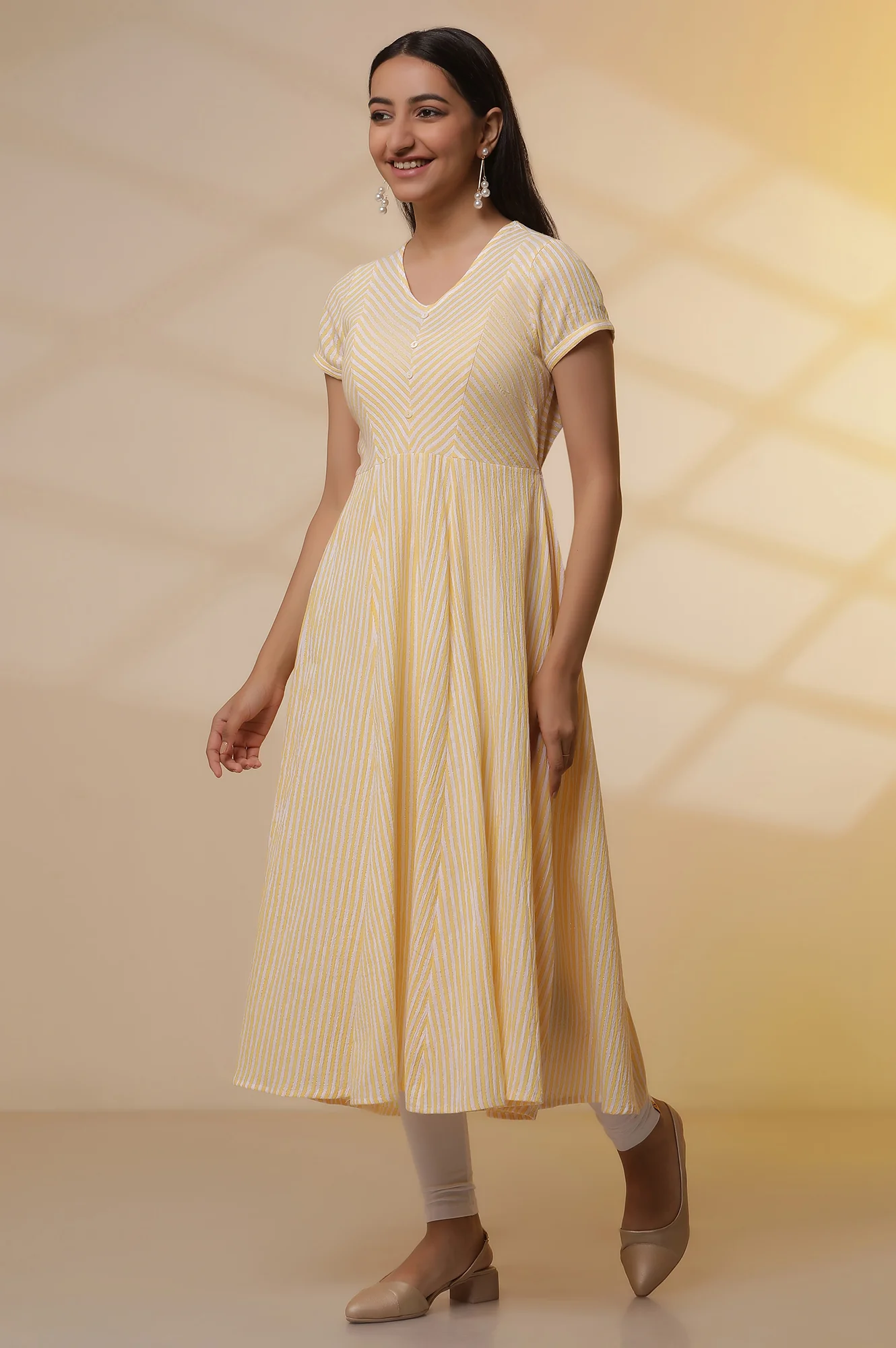 Yellow and White Striped Cotton Lurex Flared Kurta and Tights Set - Image 3