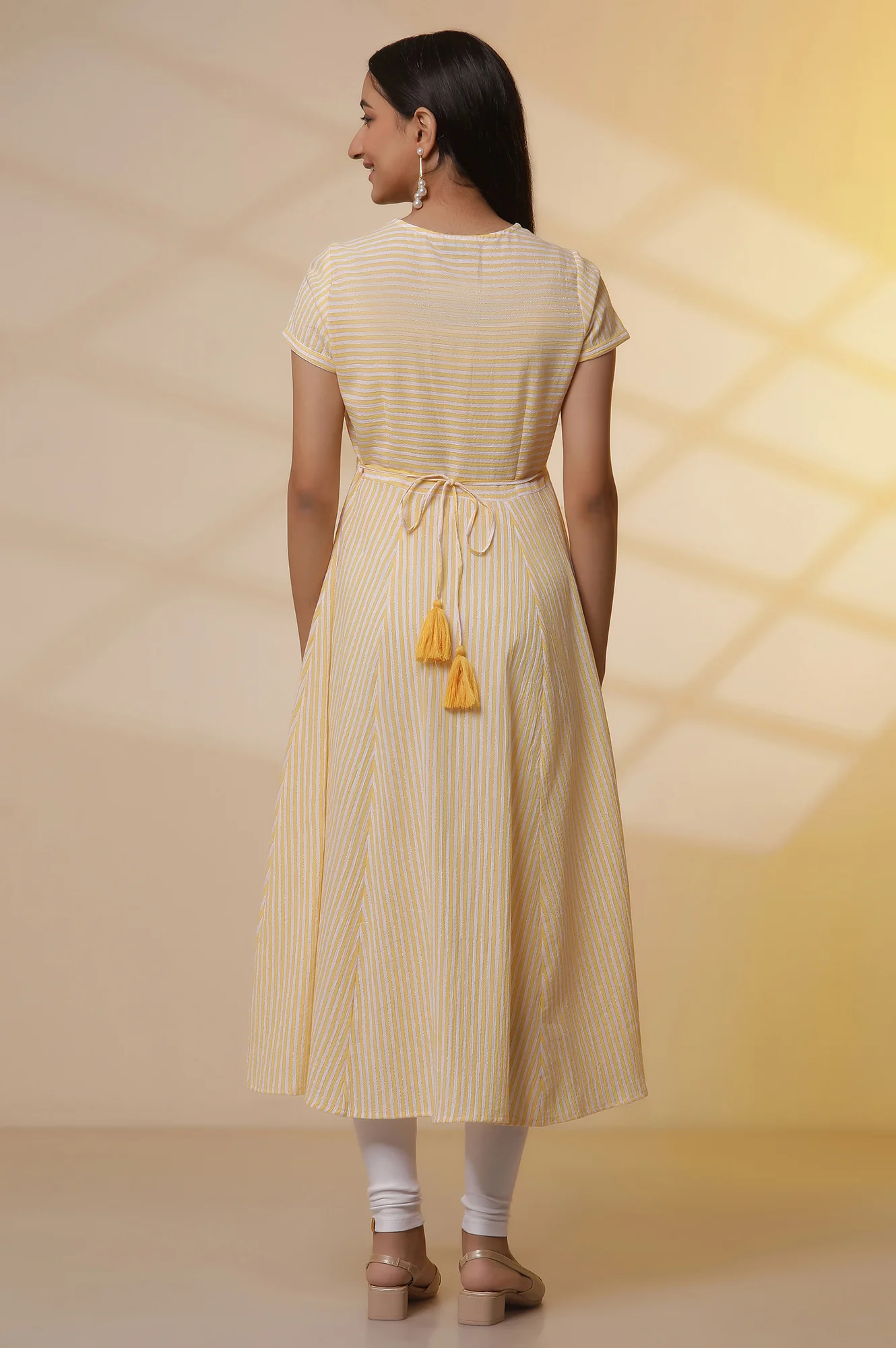 Yellow and White Striped Cotton Lurex Flared Kurta and Tights Set - Image 4