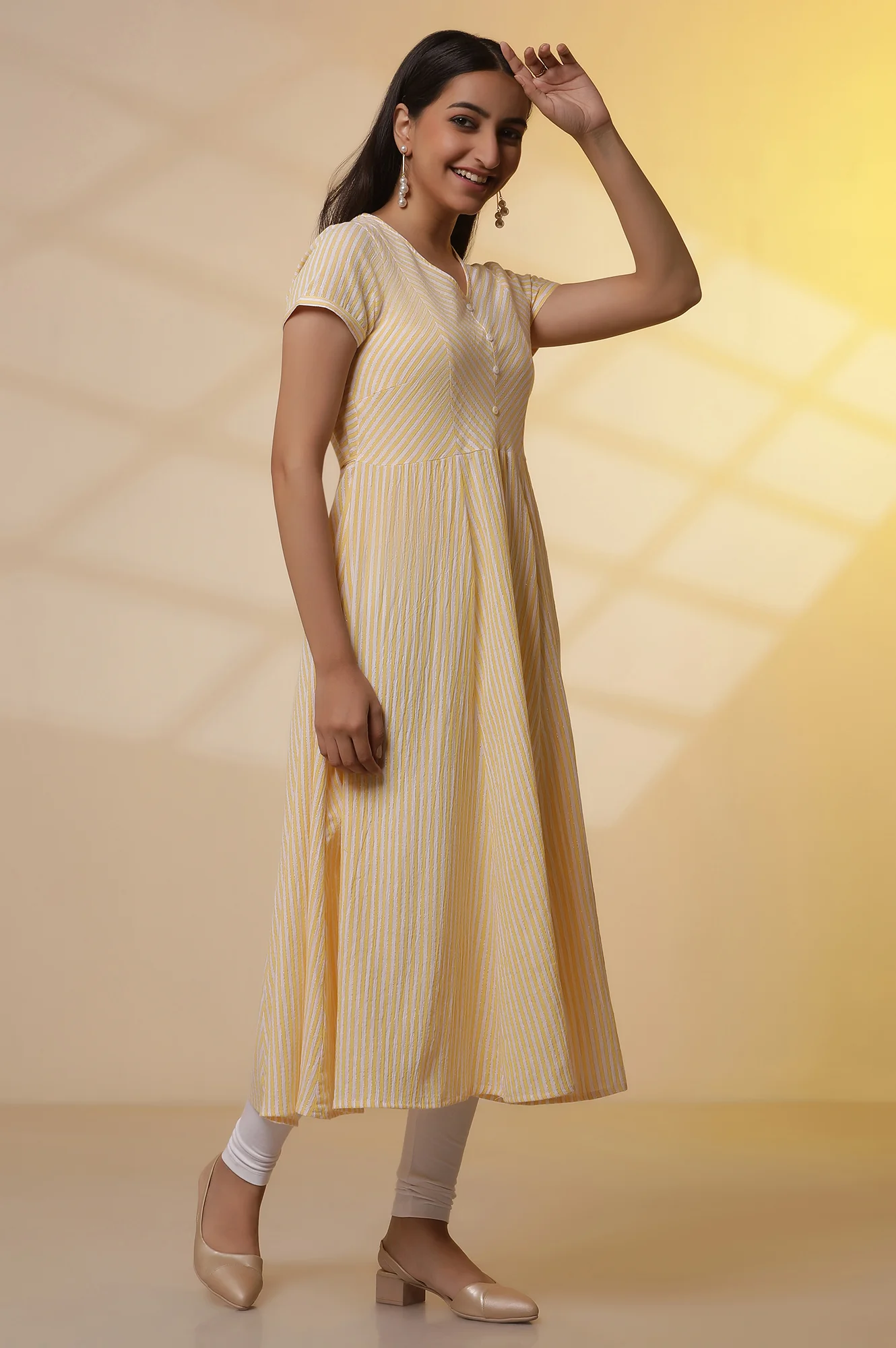 Yellow and White Striped Cotton Lurex Flared Kurta and Tights Set - Image 5