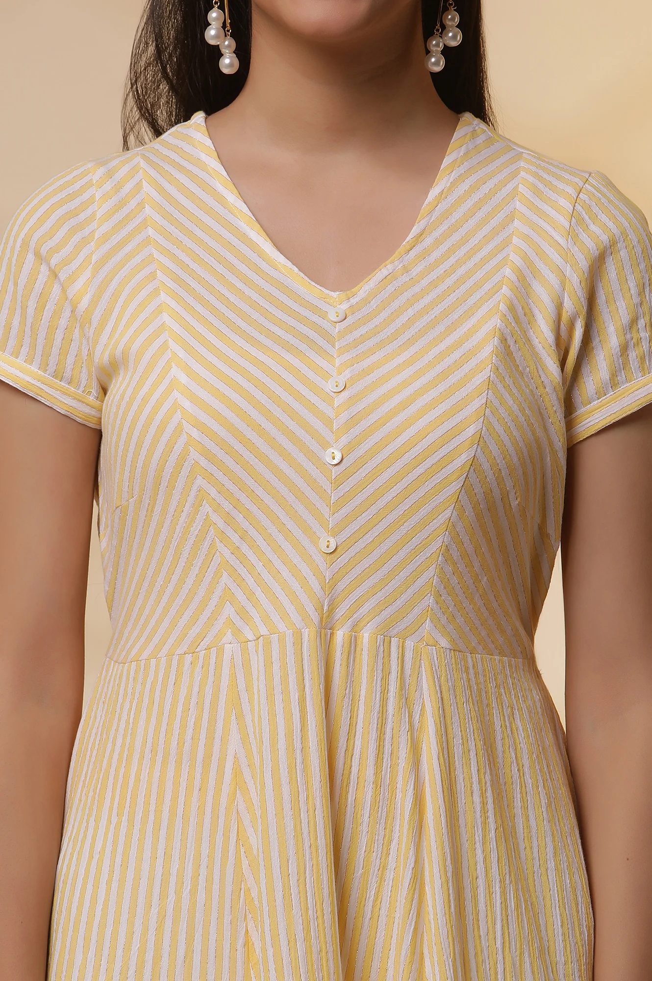 Yellow and White Striped Cotton Lurex Flared Kurta and Tights Set - Image 6