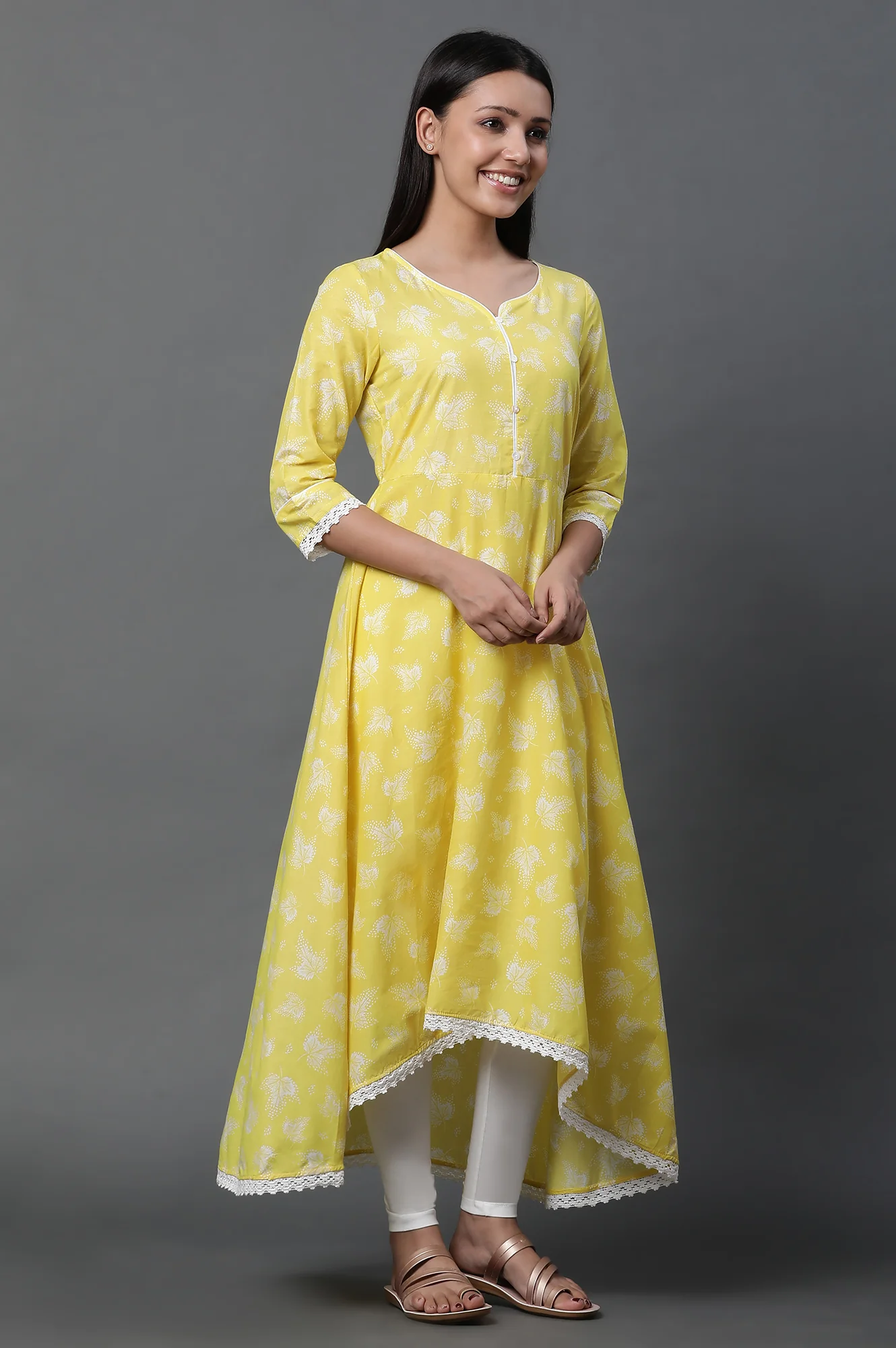 Yellow Asymmetrical Kurta, Tights and Dupatta Set - Image 3
