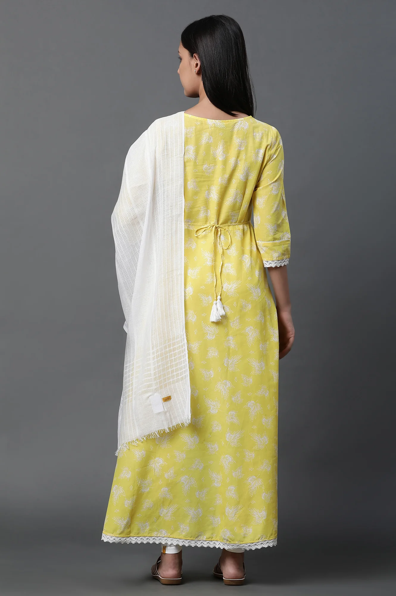 Yellow Asymmetrical Kurta, Tights and Dupatta Set - Image 4