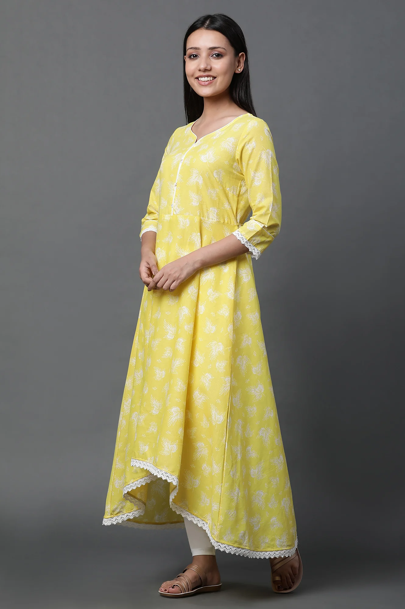 Yellow Asymmetrical Kurta, Tights and Dupatta Set - Image 5