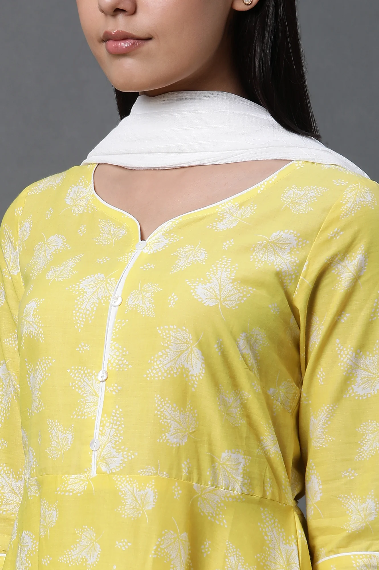 Yellow Asymmetrical Kurta, Tights and Dupatta Set - Image 6