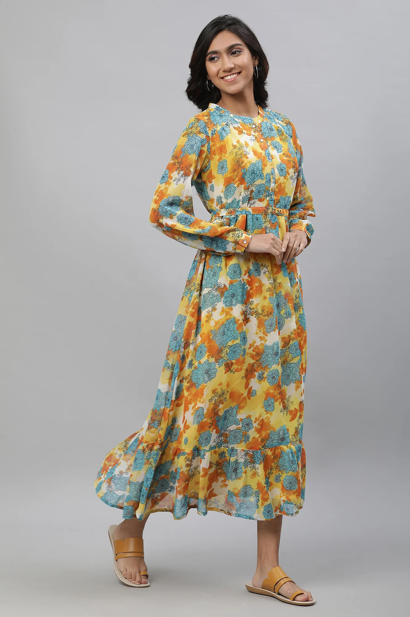 Yellow Bold Floral Print Flared Dress - Image 5