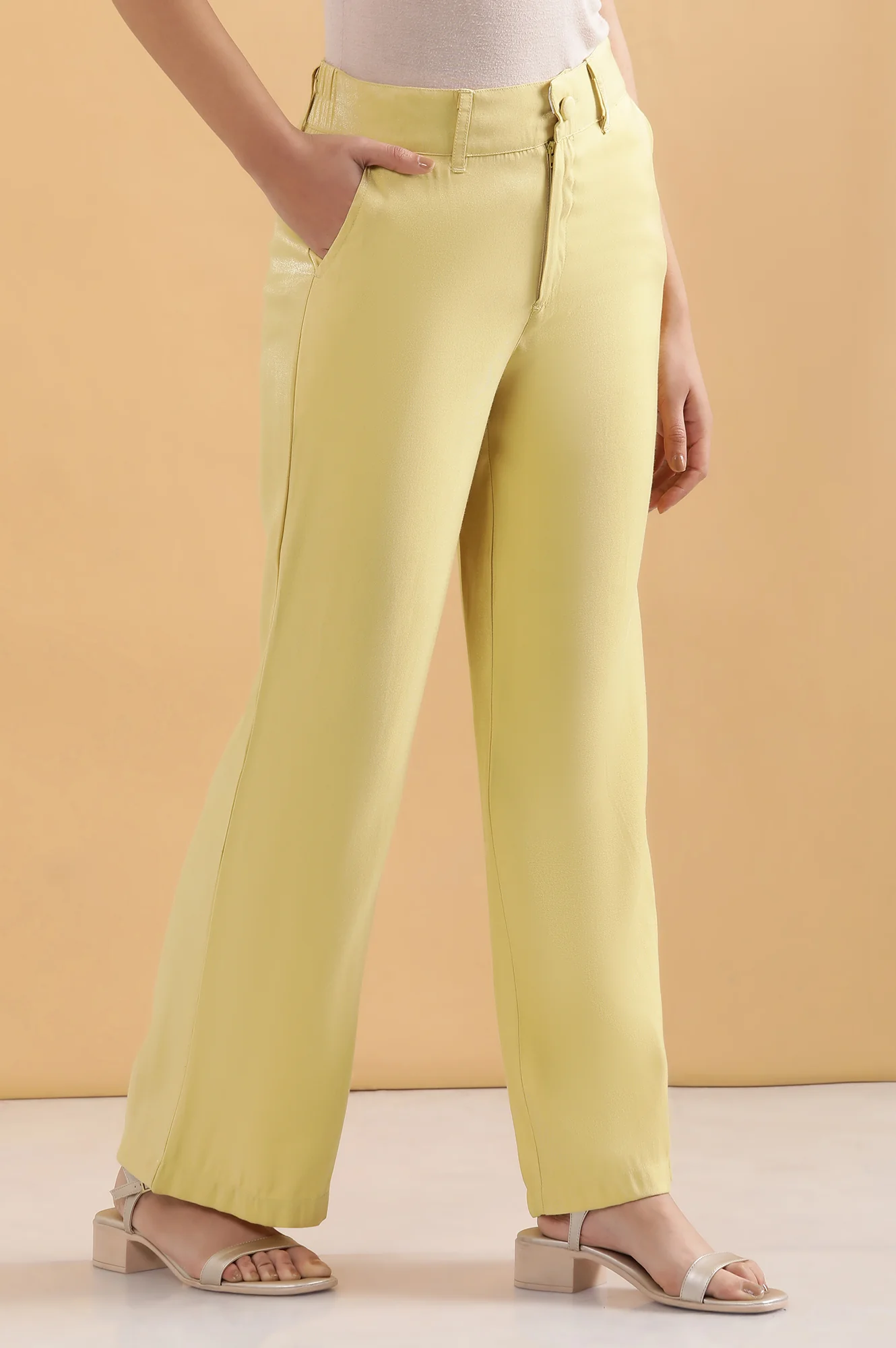 Yellow Solid Straight Fit Woven Pants With Elasticated Back - Image 5
