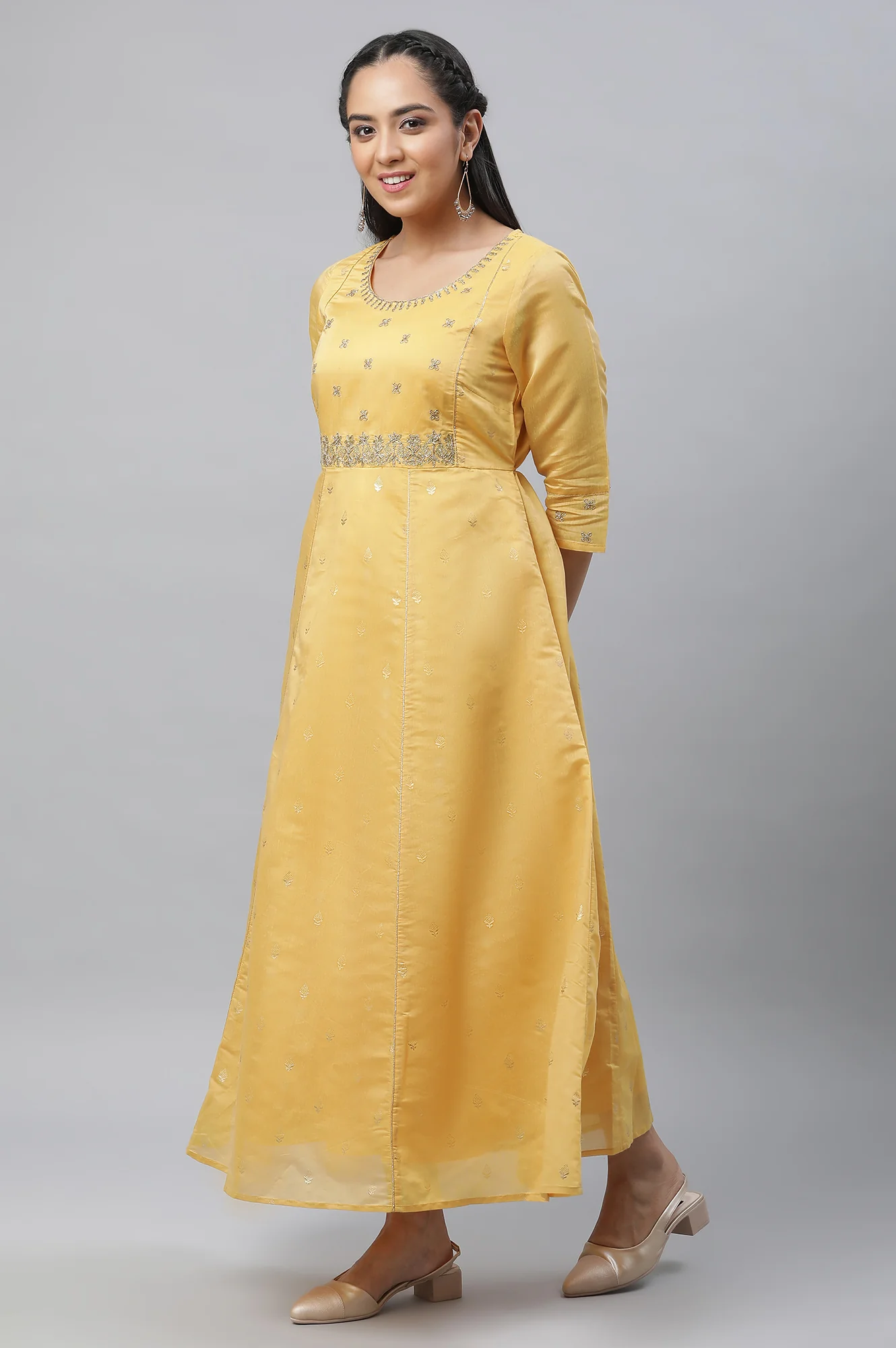 Yellow Embroidered Chanderi Festive Dress and Dupatta Set - Image 3