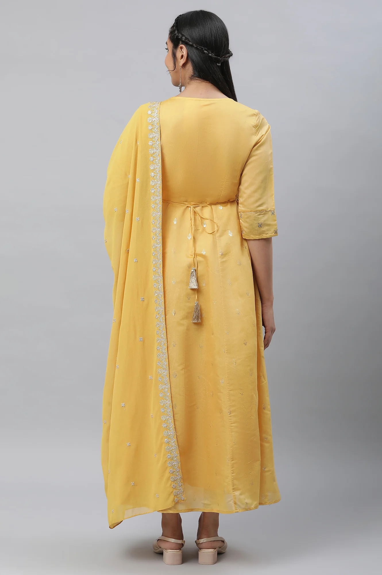 Yellow Embroidered Chanderi Festive Dress and Dupatta Set - Image 4