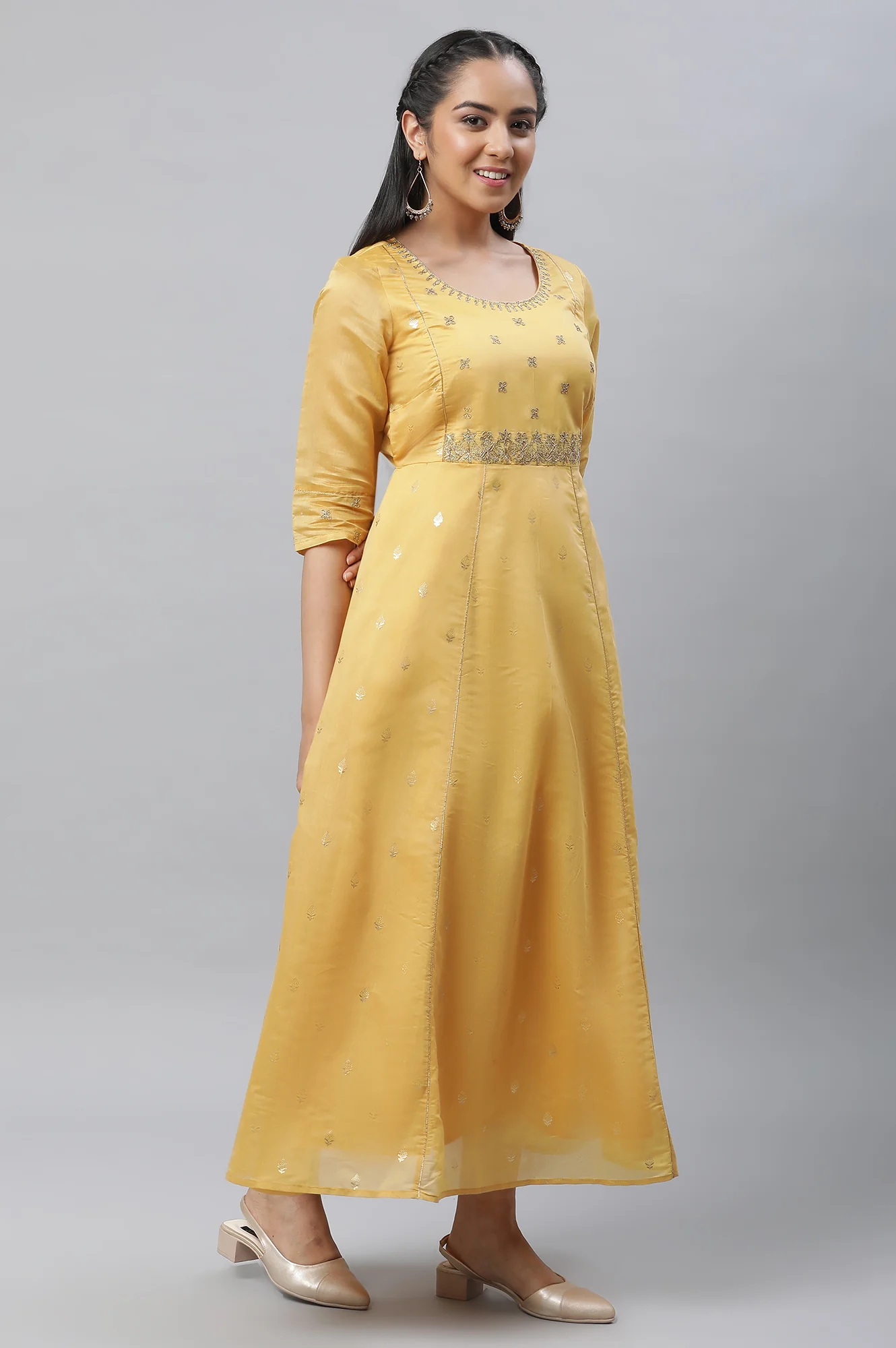 Yellow Embroidered Chanderi Festive Dress and Dupatta Set - Image 5