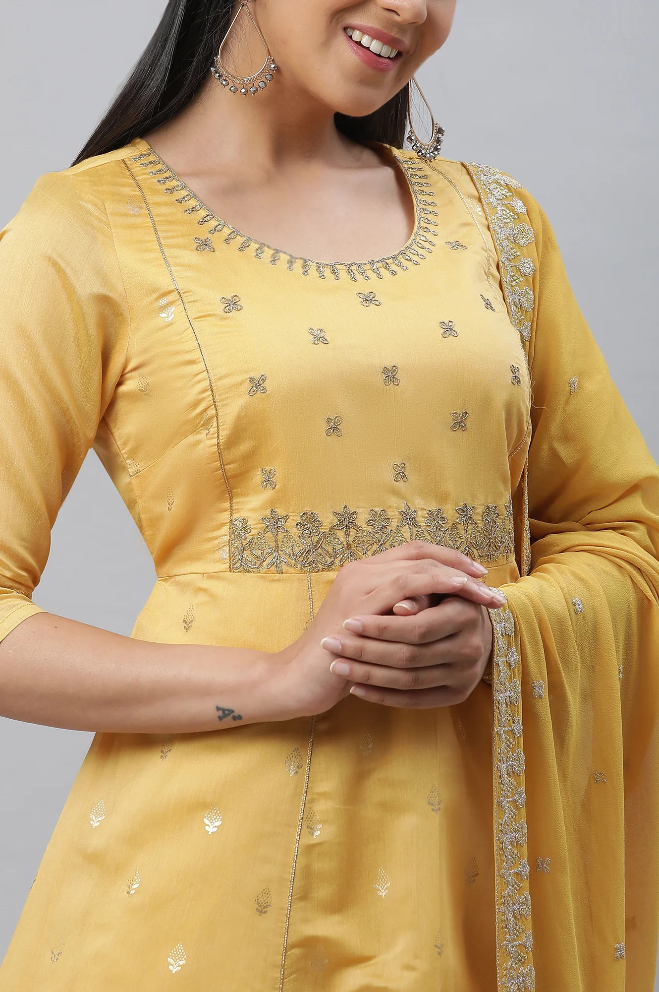 Yellow Embroidered Chanderi Festive Dress and Dupatta Set - Image 6