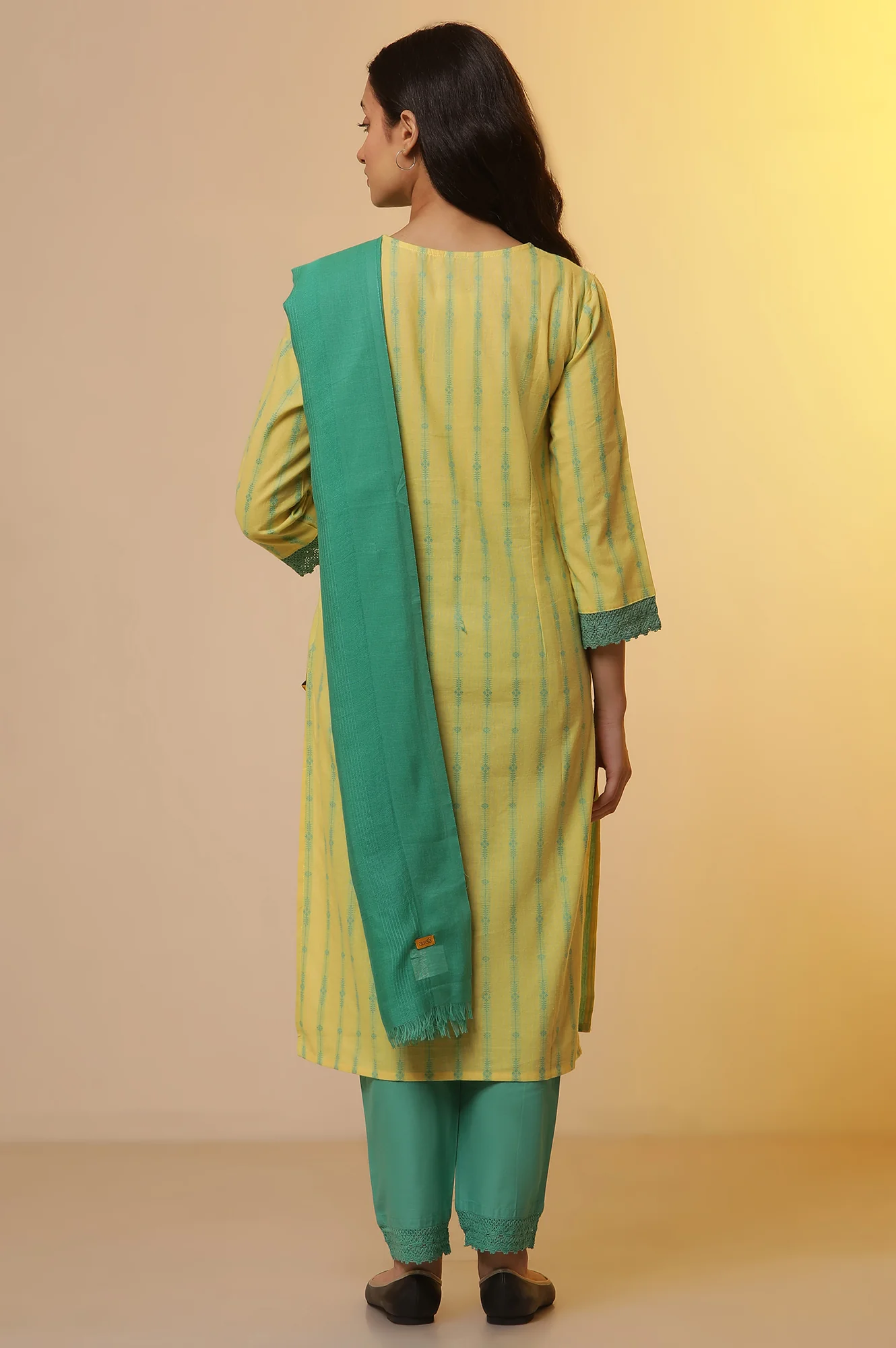 Yellow Cotton Dobby Kurta, Pants and Dupatta Set - Image 4