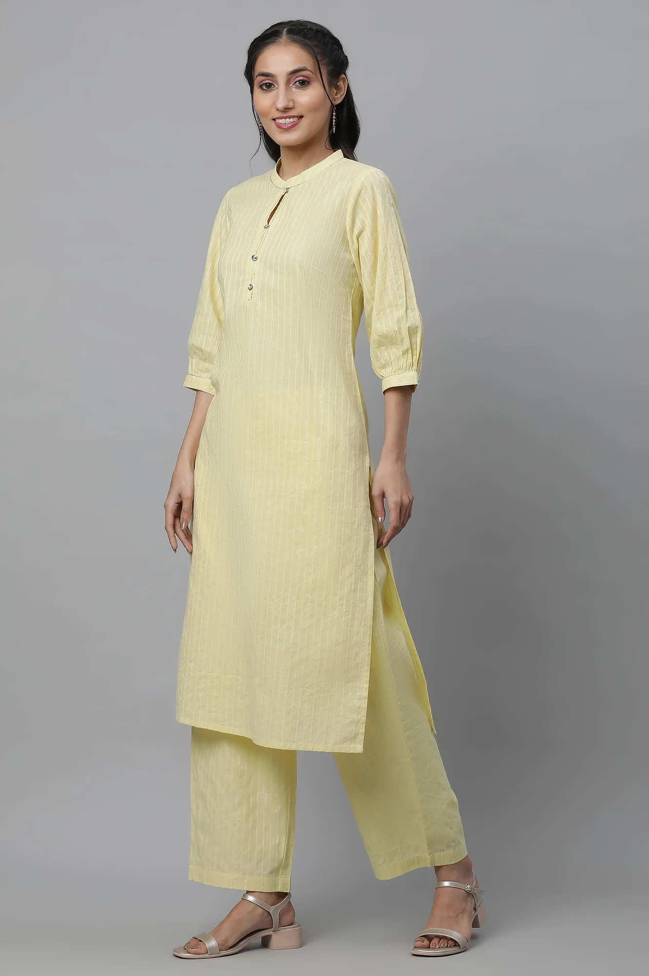 Yellow Cotton Lurex Kurta and Palazzo Co-ord Set - Image 3