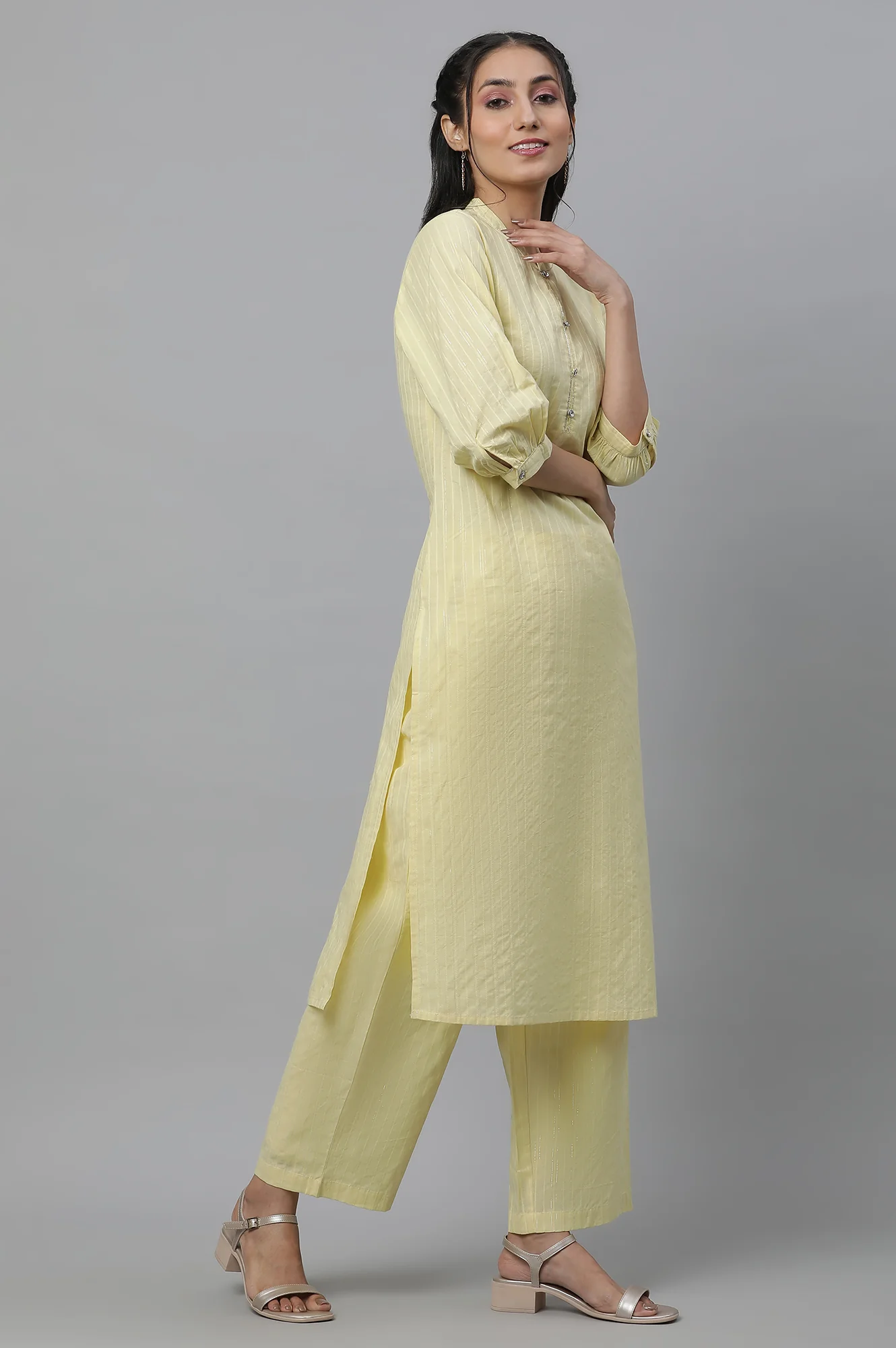 Yellow Cotton Lurex Kurta and Palazzo Co-ord Set - Image 5