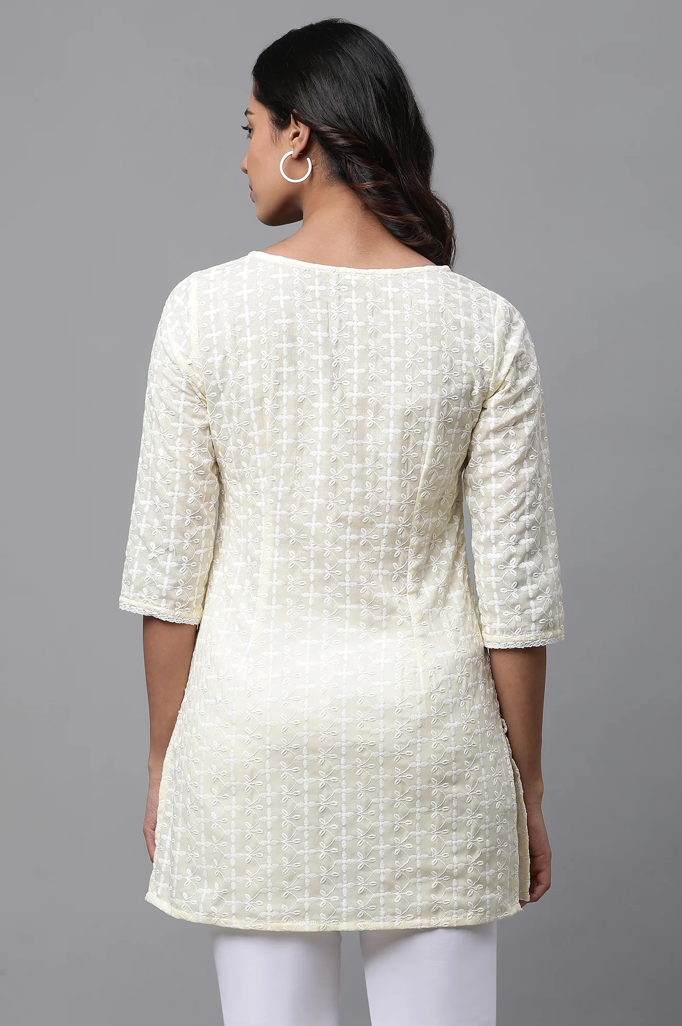 Yellow Cotton Schiffli Floral Embroidered Short Kurti - Image 3