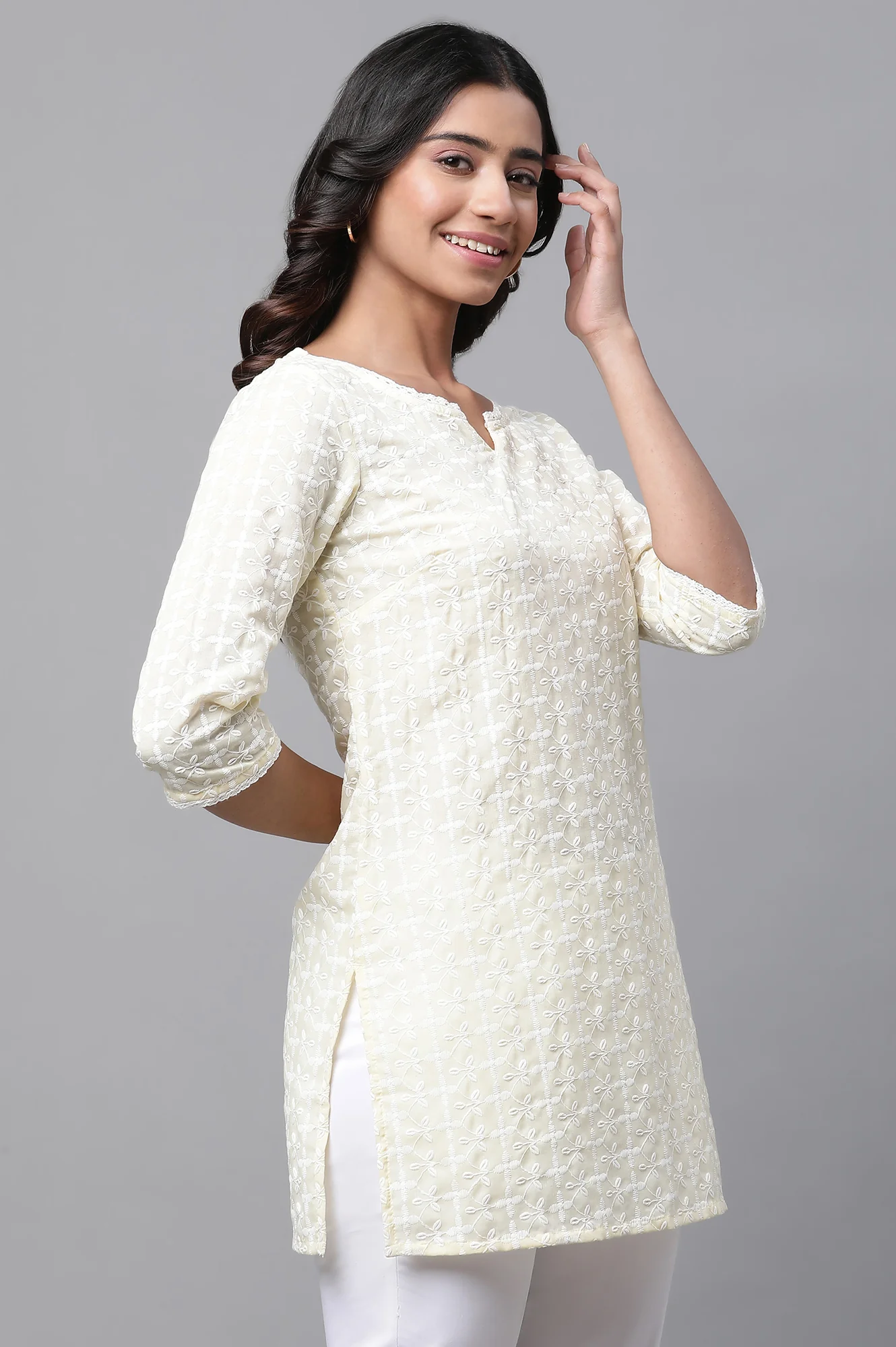 Yellow Cotton Schiffli Floral Embroidered Short Kurti - Image 4