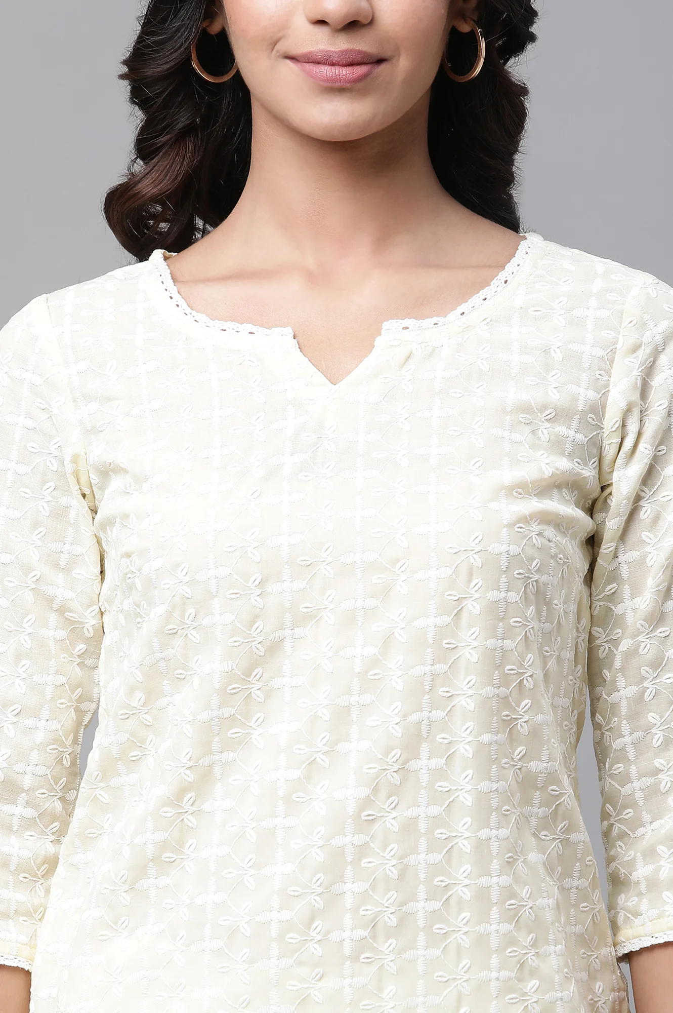 Yellow Cotton Schiffli Floral Embroidered Short Kurti - Image 6