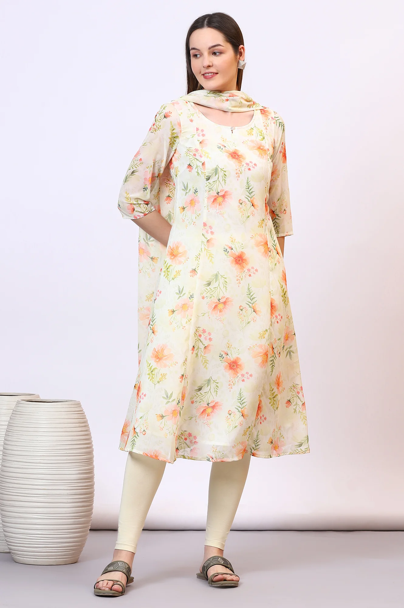 Yellow Digital Floral Printed Sheer A-line Kurta and Leggings Set with Dupatta - Image 3