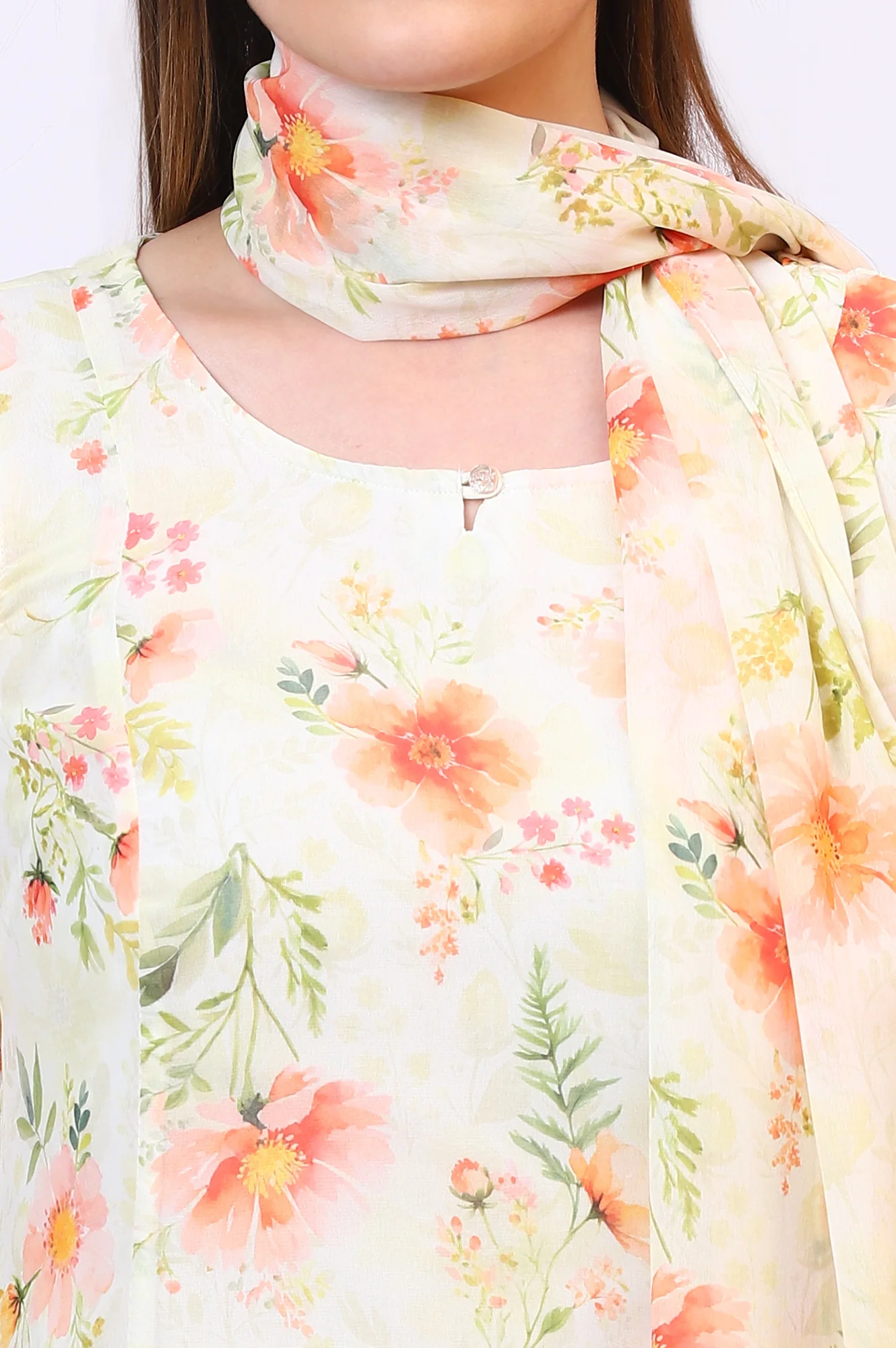Yellow Digital Floral Printed Sheer A-line Kurta and Leggings Set with Dupatta - Image 4