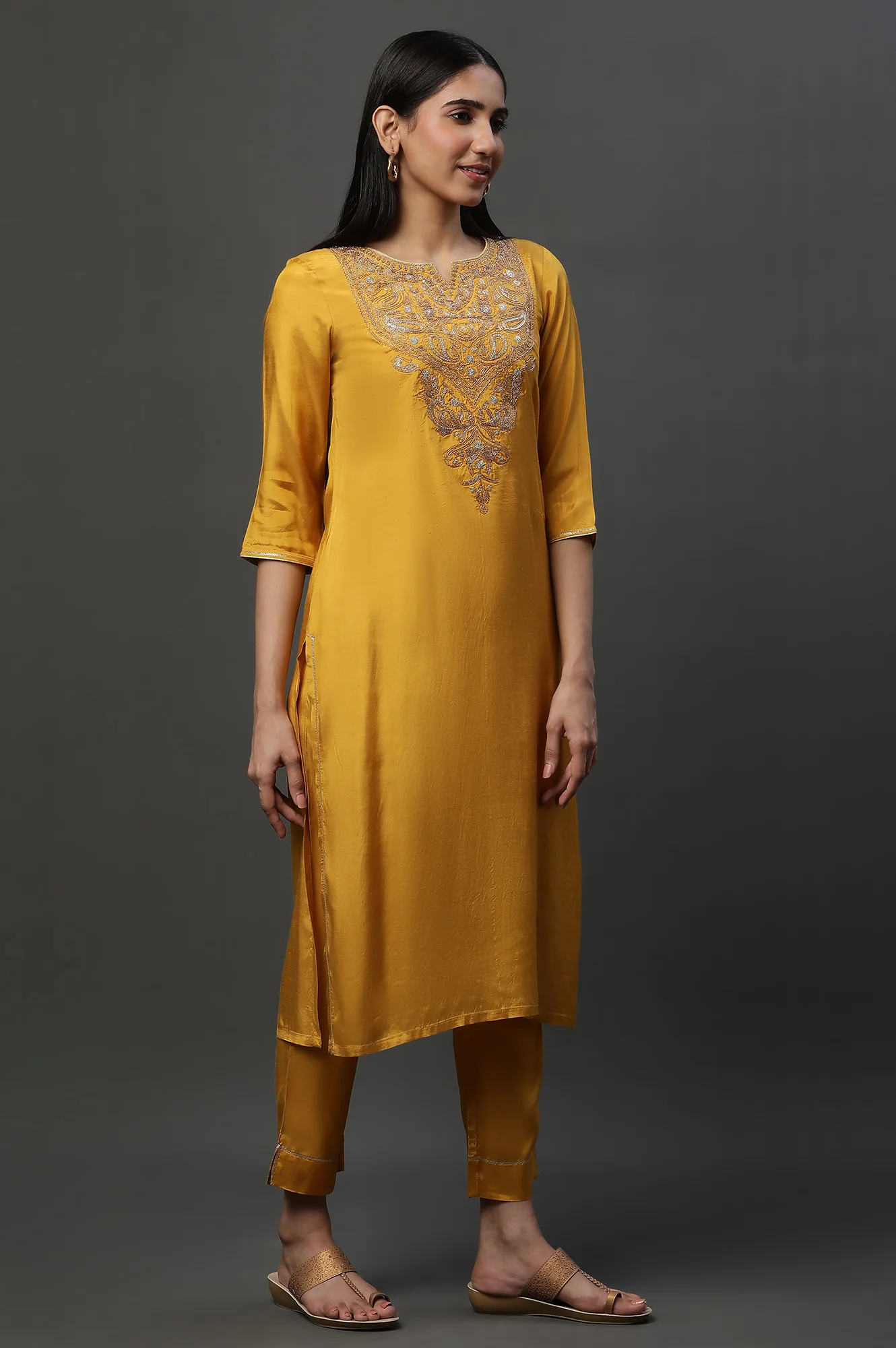 Yellow Dori Embroidered Kurta, Trousers and Dupatta Set - Image 3