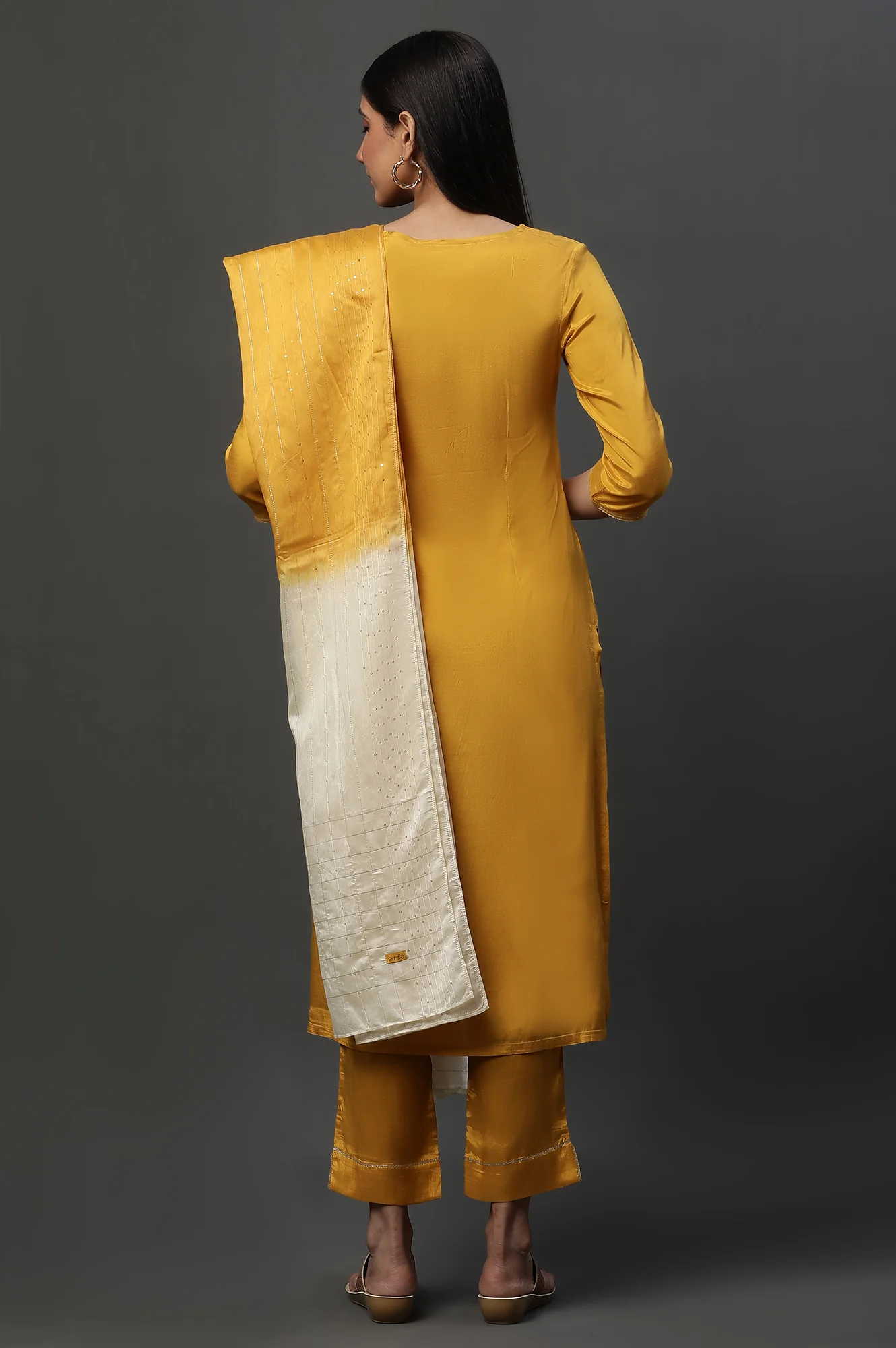Yellow Dori Embroidered Kurta, Trousers and Dupatta Set - Image 4