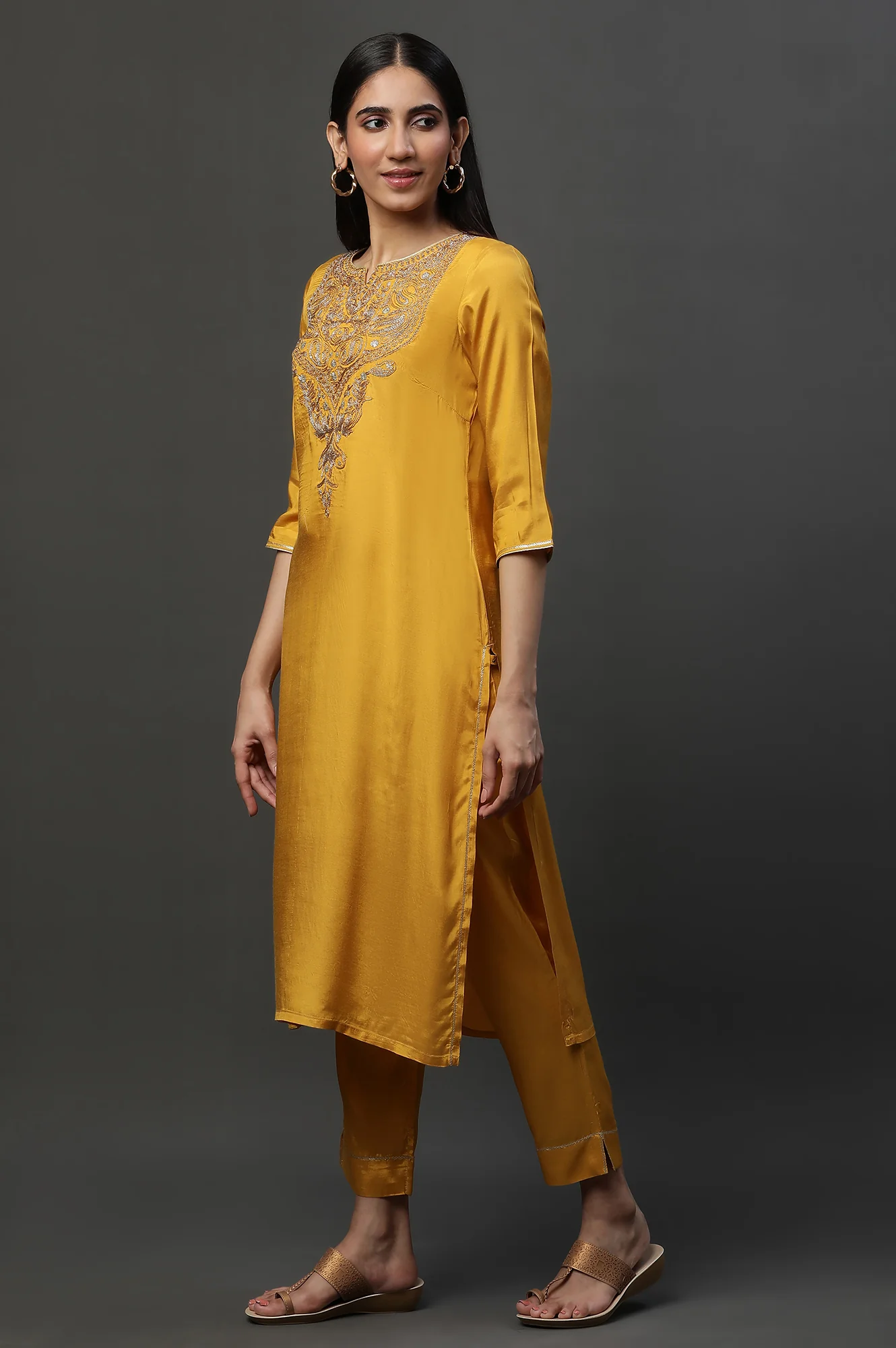 Yellow Dori Embroidered Kurta, Trousers and Dupatta Set - Image 5