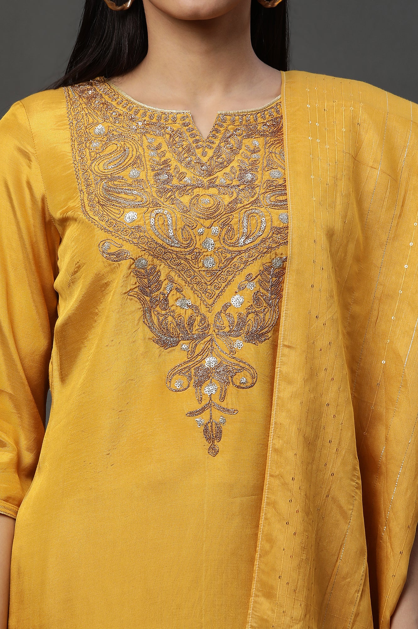 Yellow Dori Embroidered Kurta, Trousers and Dupatta Set - Image 6