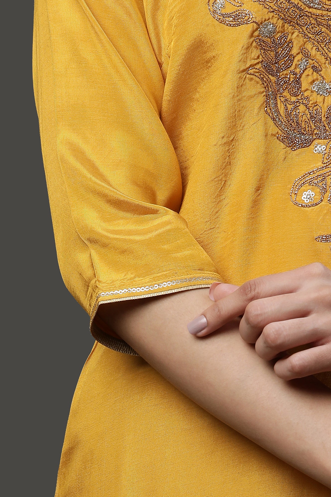 Yellow Dori Embroidered Kurta, Trousers and Dupatta Set - Image 7
