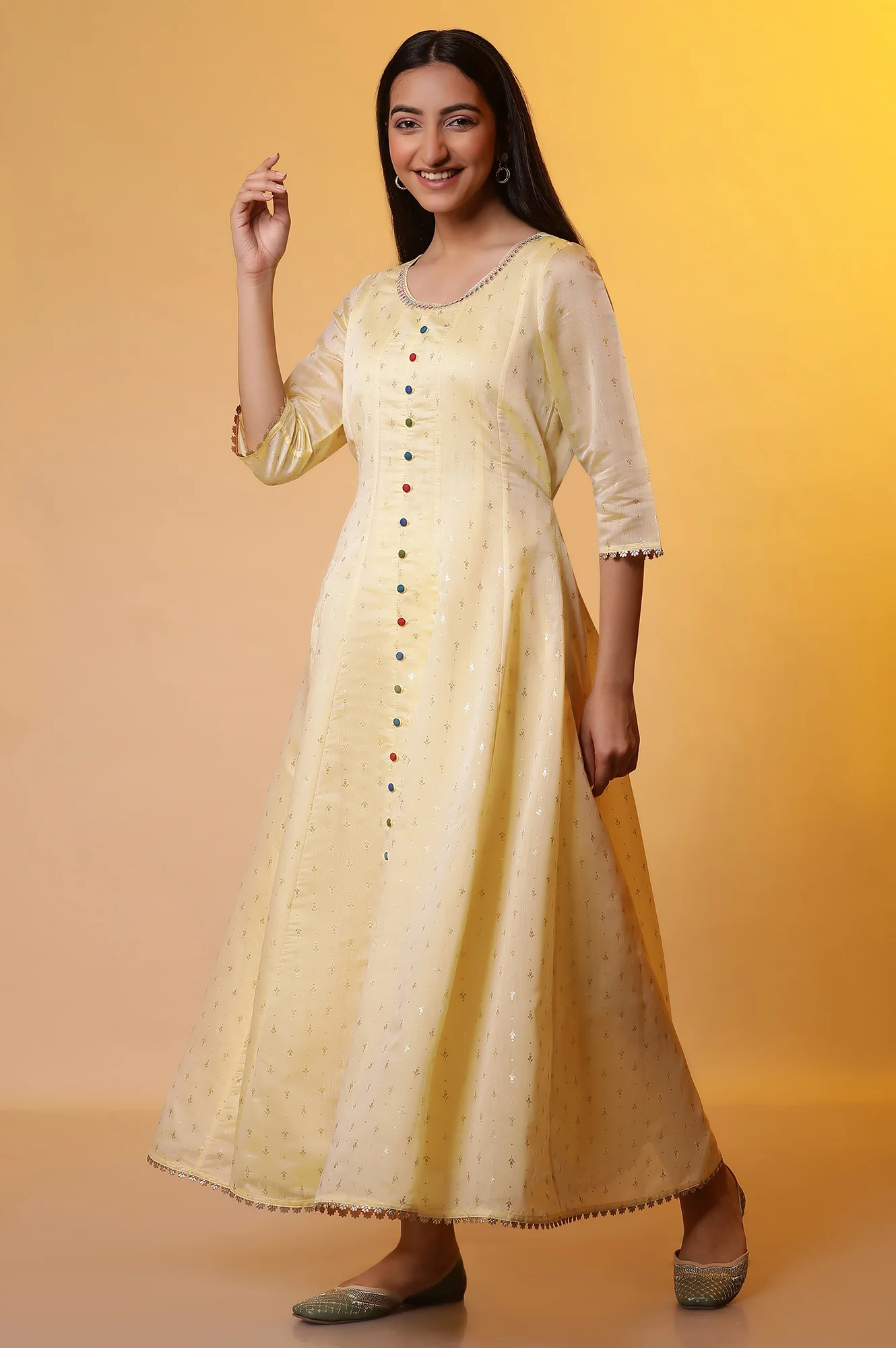 Yellow Embellished Anarkali Kurta, Tights and Dupatta Set - Image 3