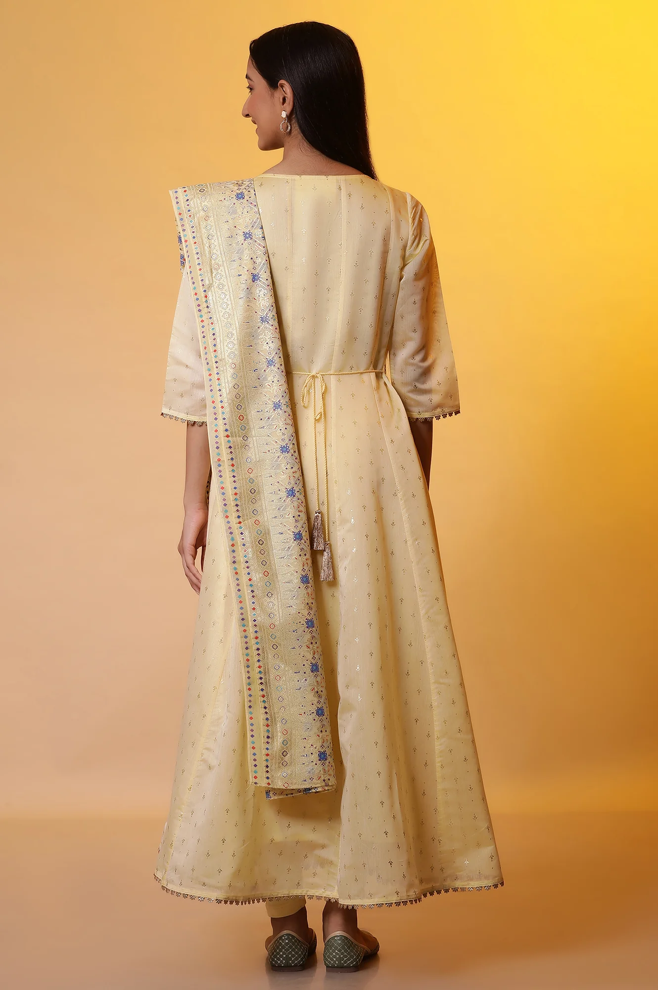 Yellow Embellished Anarkali Kurta, Tights and Dupatta Set - Image 4