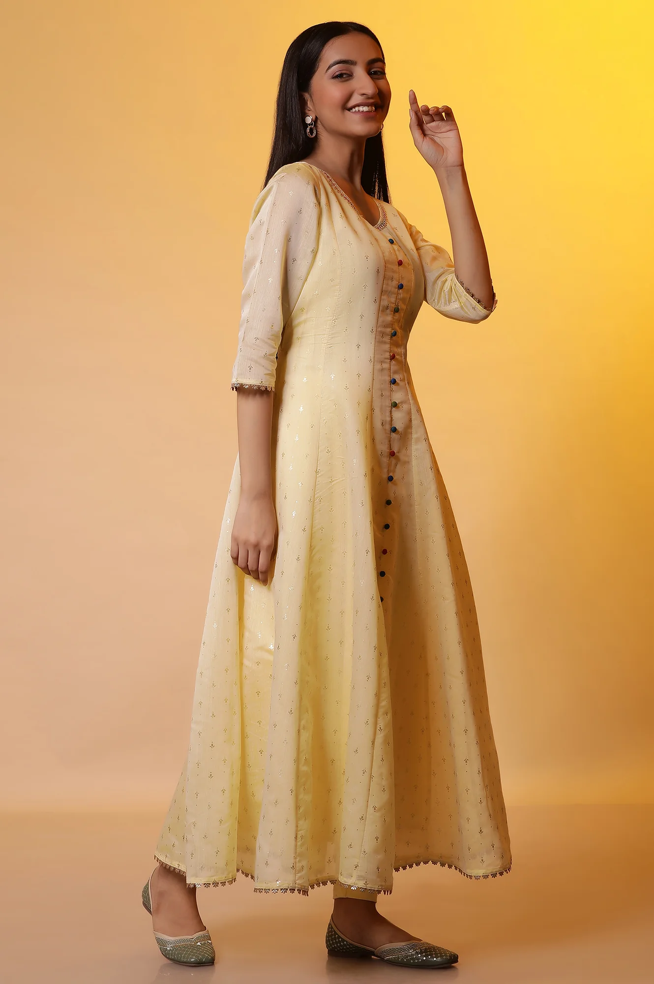 Yellow Embellished Anarkali Kurta, Tights and Dupatta Set - Image 5