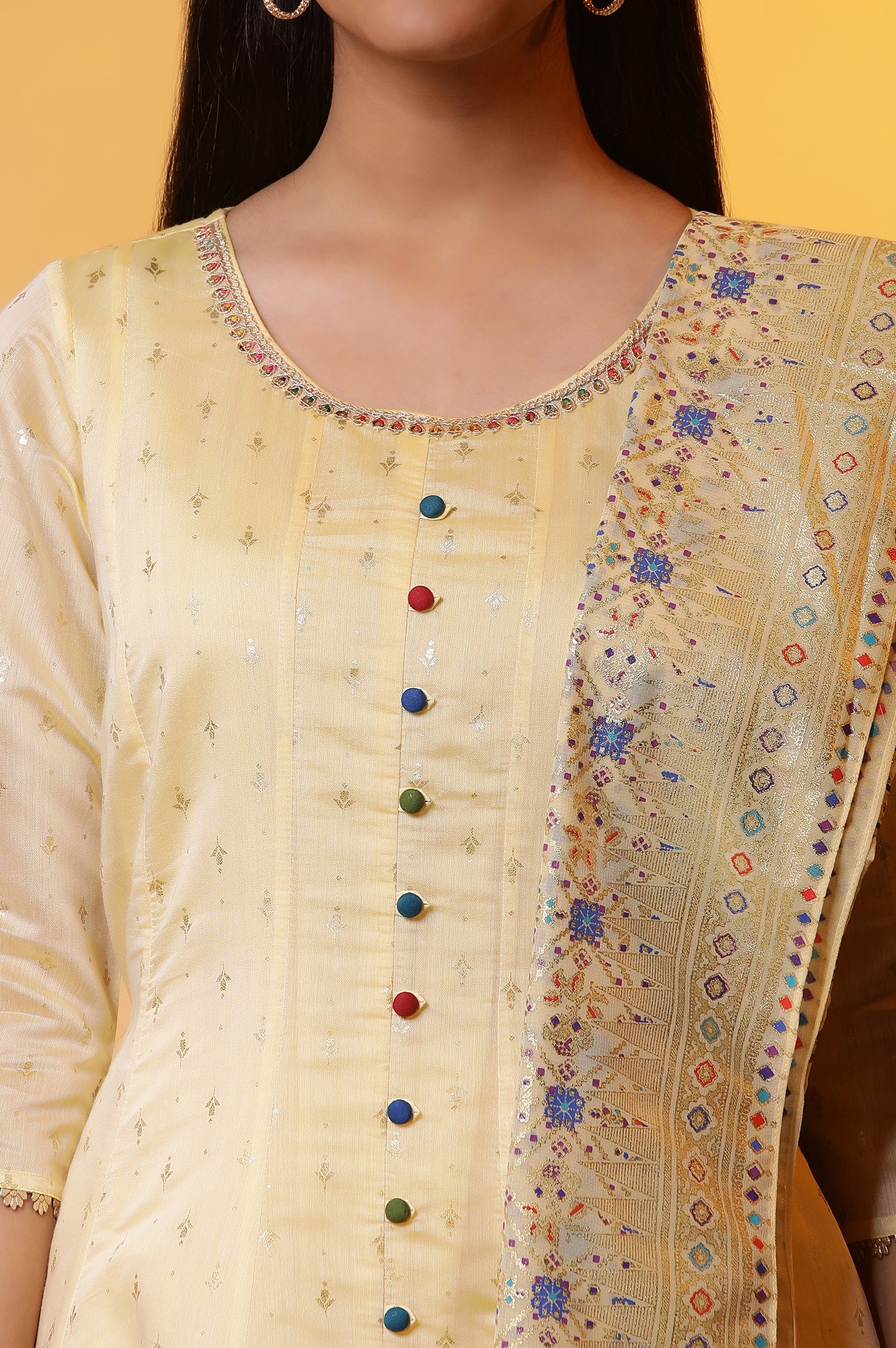 Yellow Embellished Anarkali Kurta, Tights and Dupatta Set - Image 6