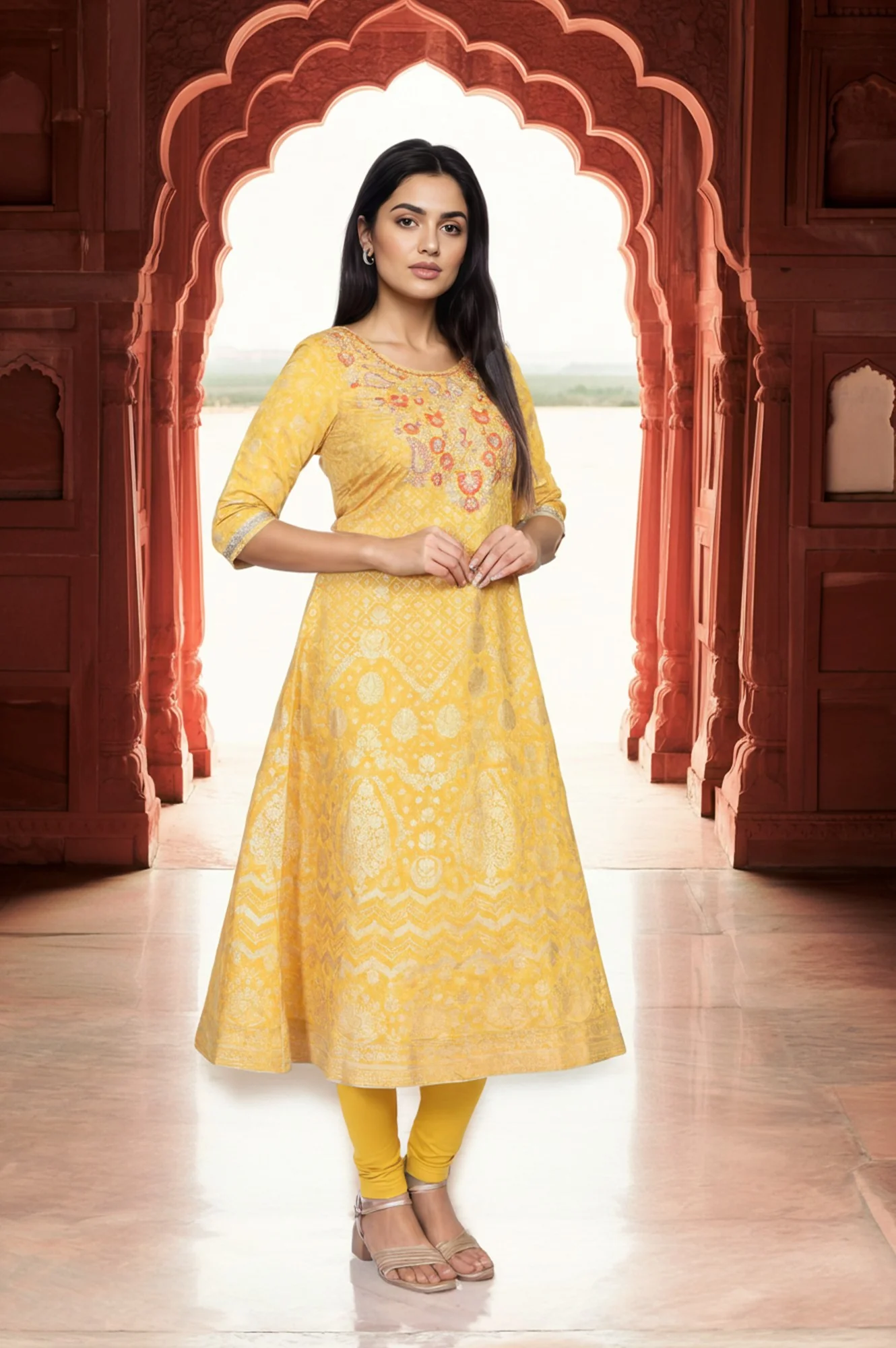 Yellow Embroidered A-Line Jacquard Kurta with Legging and Stole Set - Image 4