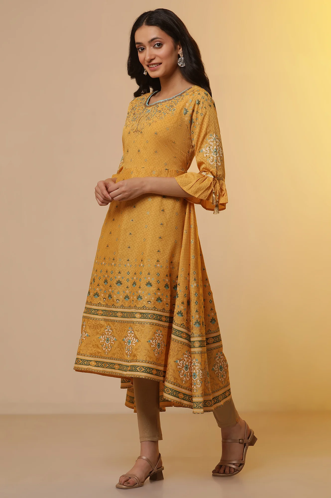 Yellow Embroidered Asymmetrical Kurta, Tights and Dupatta Set - Image 3